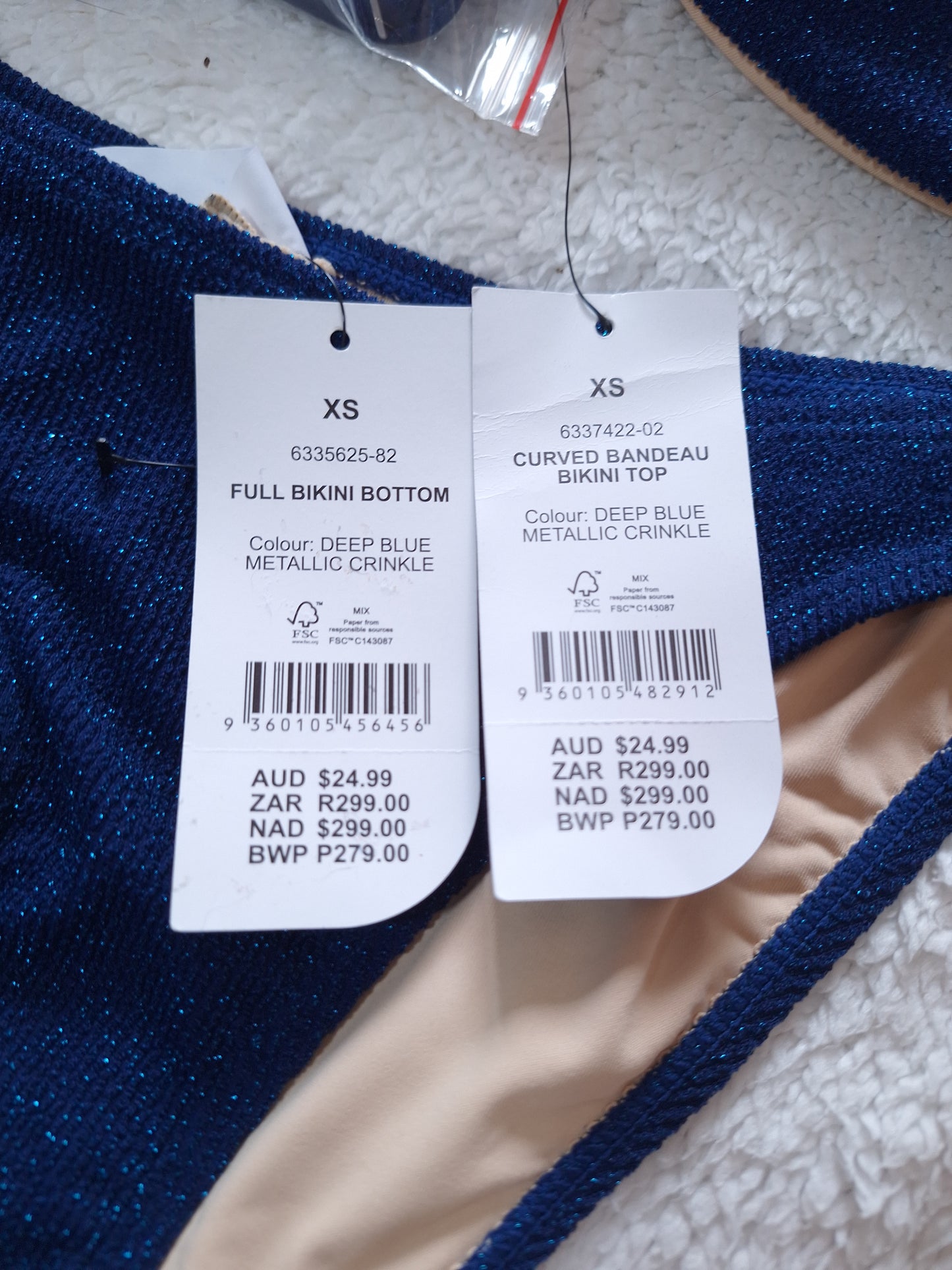 Cotton on Curved Bandeau Bikini Top, Full Bikini Bottom Colour: Deep Blue Metallic