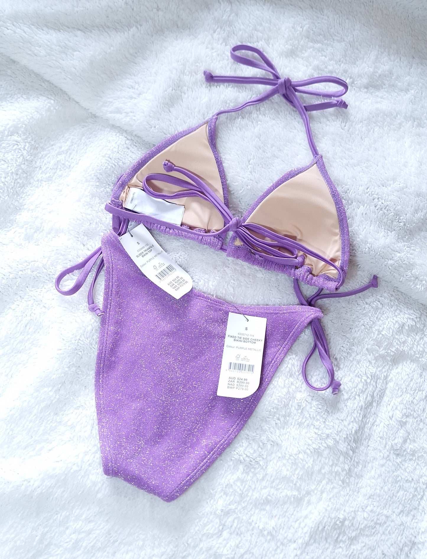 Katoen-op-skuif-driehoek-bikini-top, vasgemaakte kant Bruin bikini-onderkant Kleur: pers metaalagtig