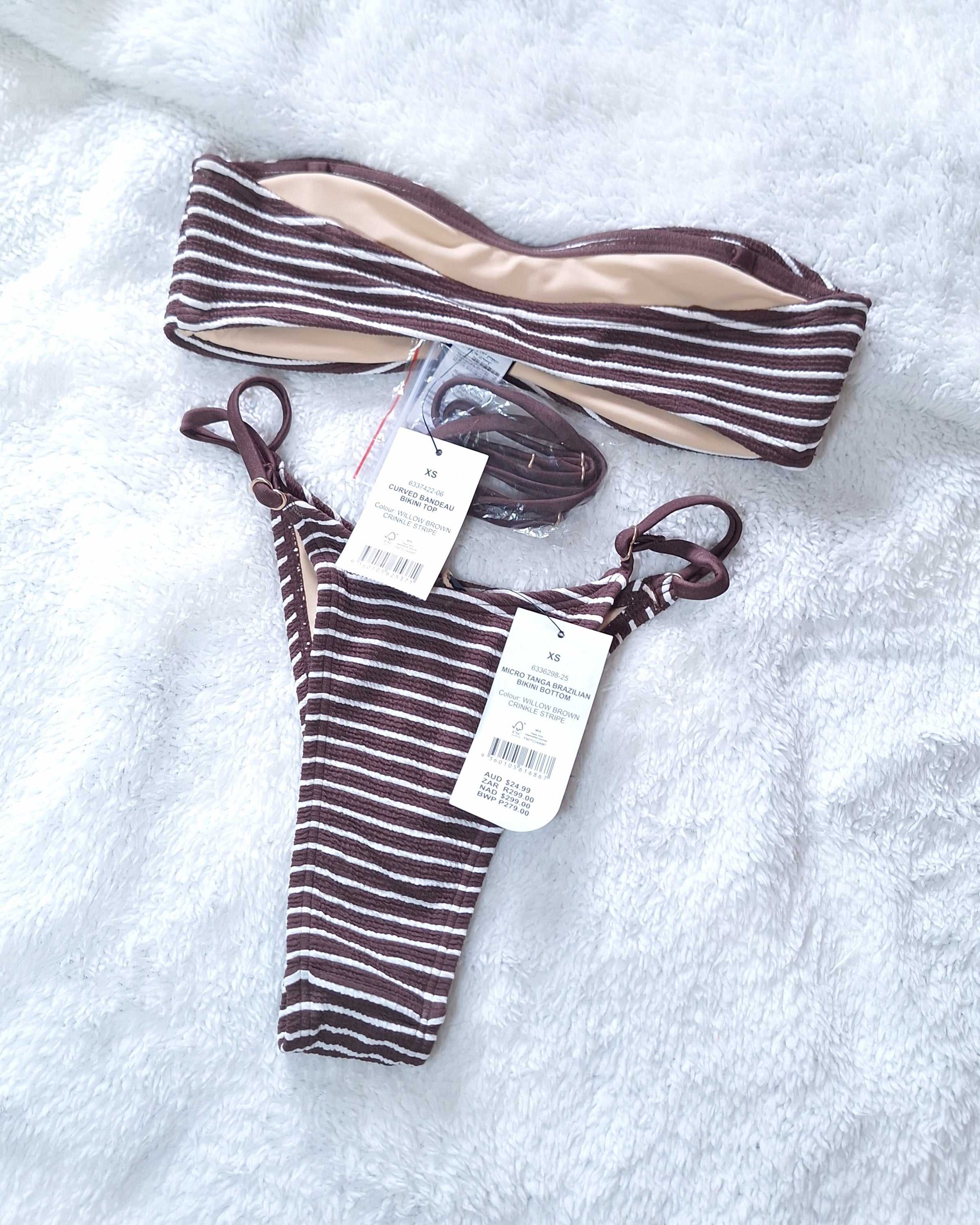 Cotton On Curved Bandeau Bikini Top, Micro Tanga Brazilian Bikini Bottom  Colour: Willow Brown Crinkle Stripe
