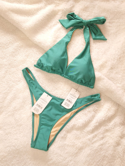 Cotton On High Apex Slider Triangle Bikini Top, Verfynde High Side Brasiliaanse Bikini Onderkant Kleur: diepgroen glinster