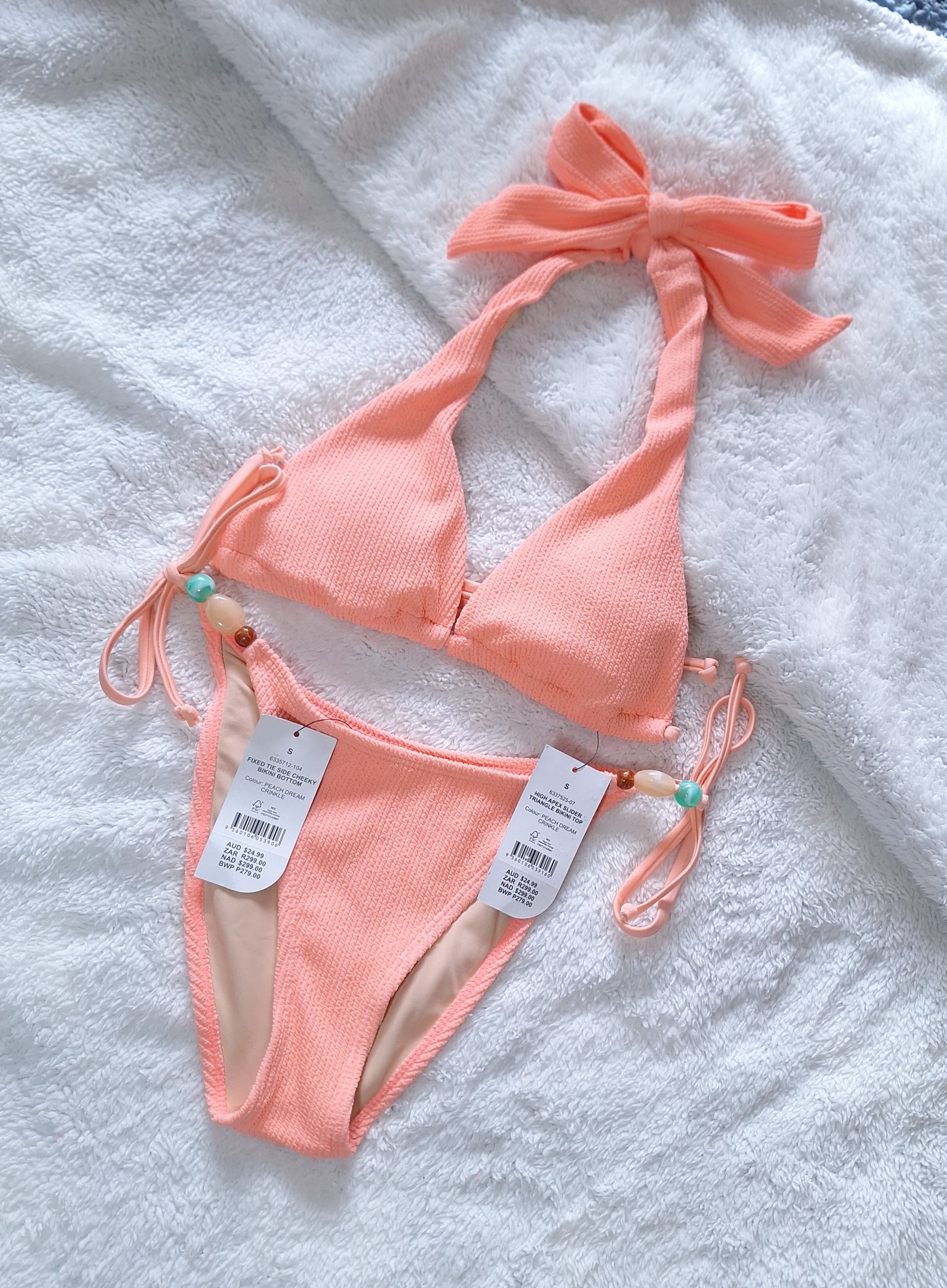 Cotton On High Apex Slider Triangle Bikini Top, Vaste das Kant Cheeky Bikini Bottom Kleur: Peach Dream Crinkle