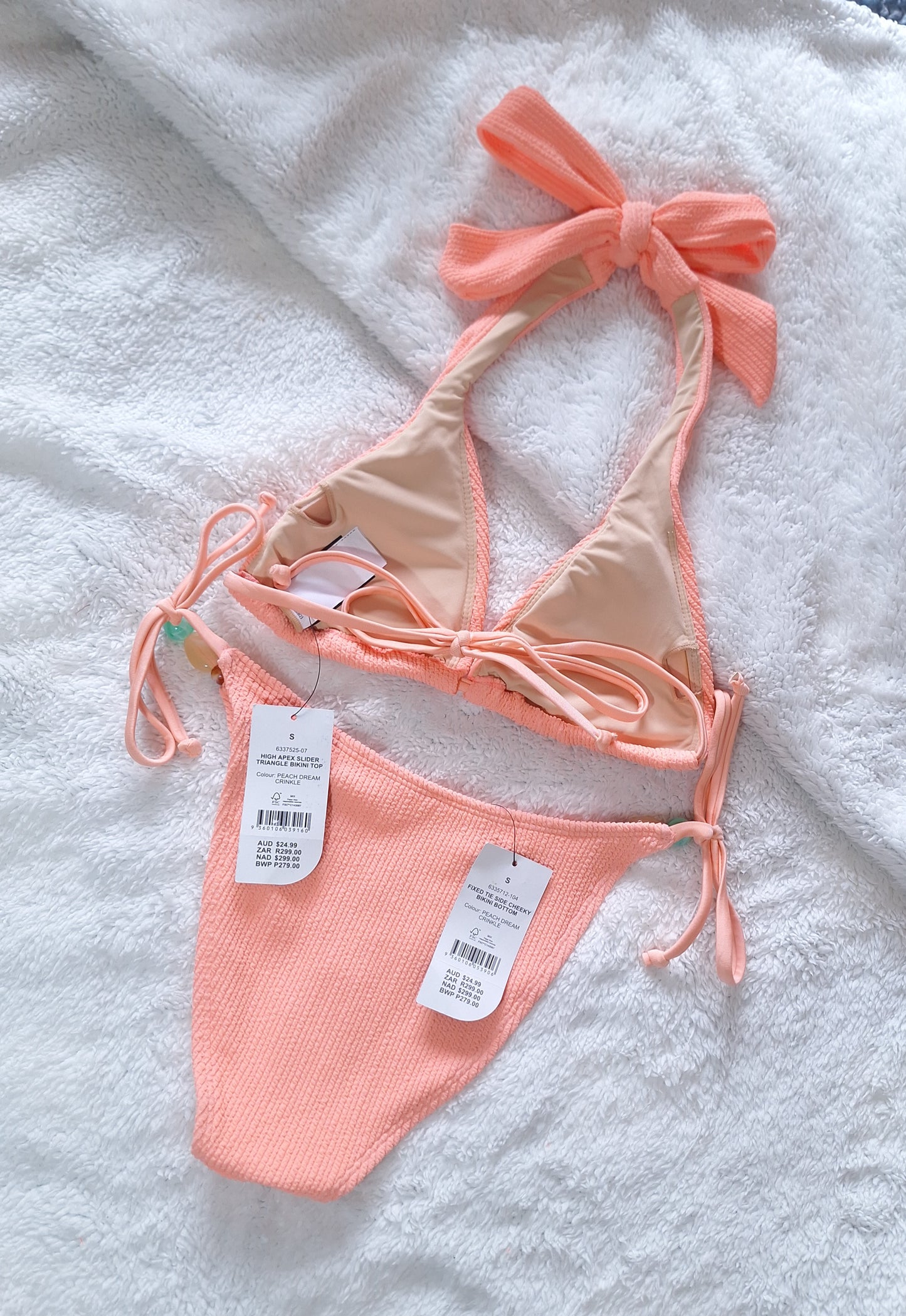 Cotton On High Apex Slider Triangle Bikini Top, Vaste das Kant Cheeky Bikini Bottom Kleur: Peach Dream Crinkle