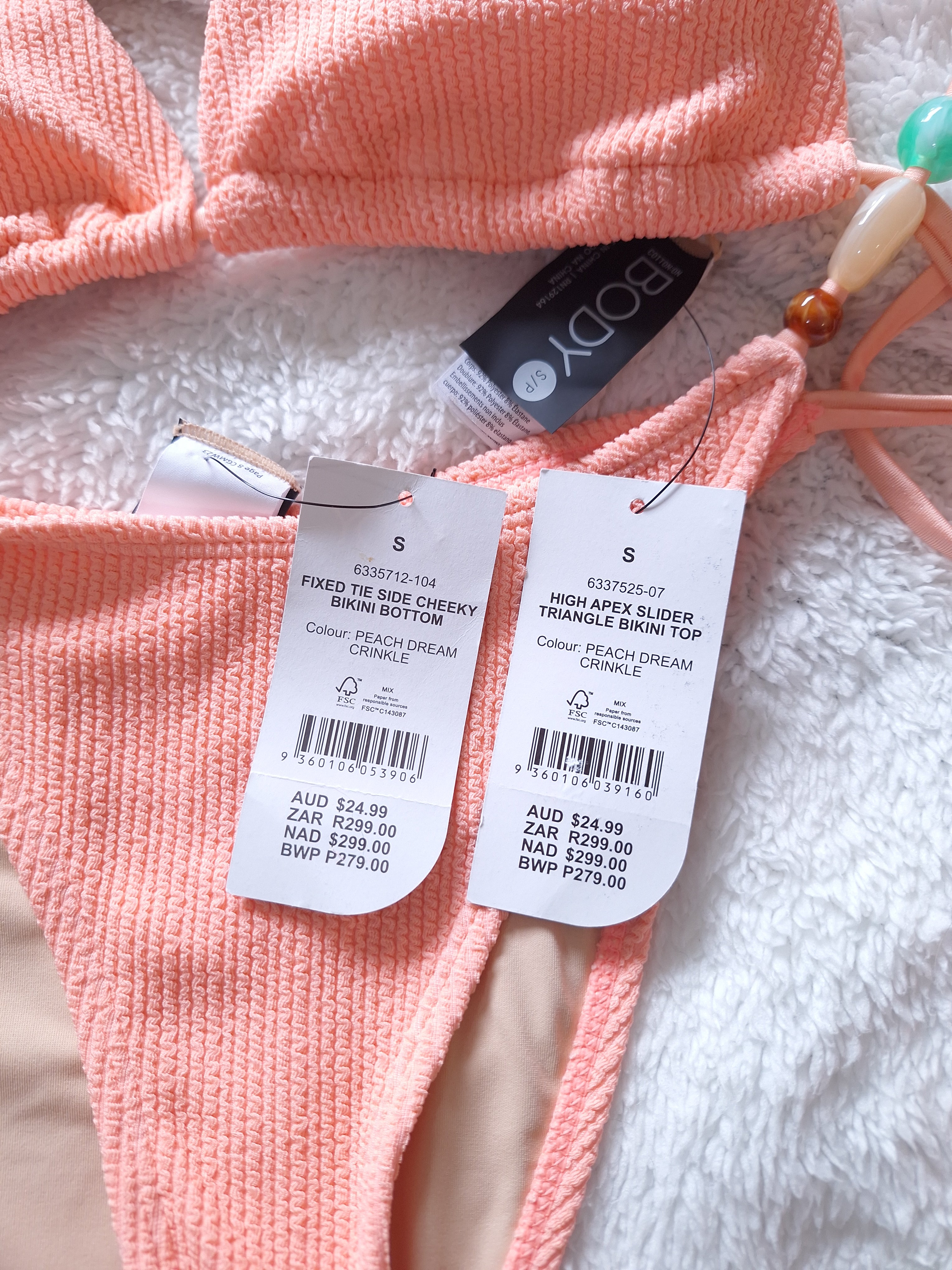 Cotton On High Apex Slider Triangle Bikini Top, Fixed Tie Side Cheeky Bikini Bottom  Colour: Peach Dream Crinkle