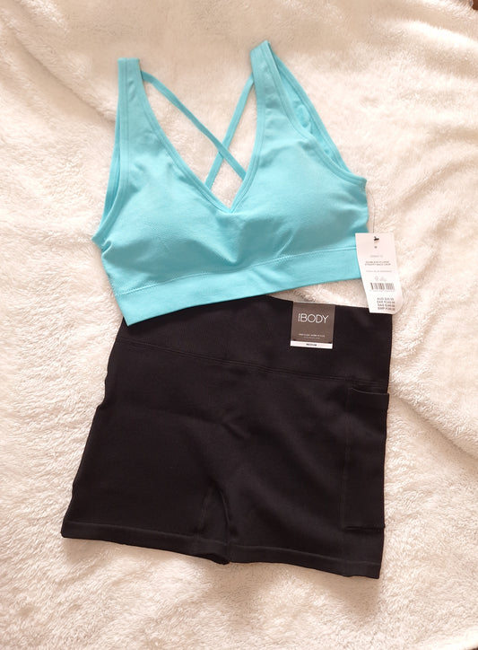 Cotton On Seamless Plunge Strappy Back Crop Colour: Radiance, Seamless Pocket Shortie Short Colour: Black