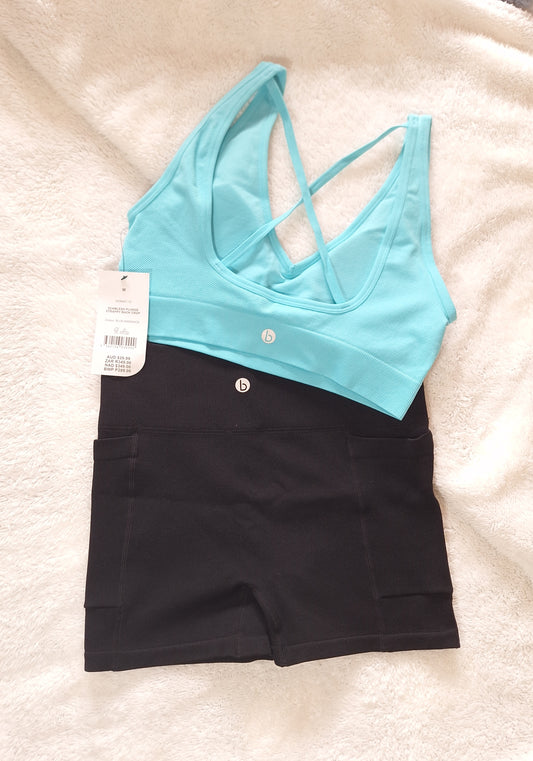 Cotton On Seamless Plunge Strappy Back Crop Colour: Radiance, Seamless Pocket Shortie Short Colour: Black