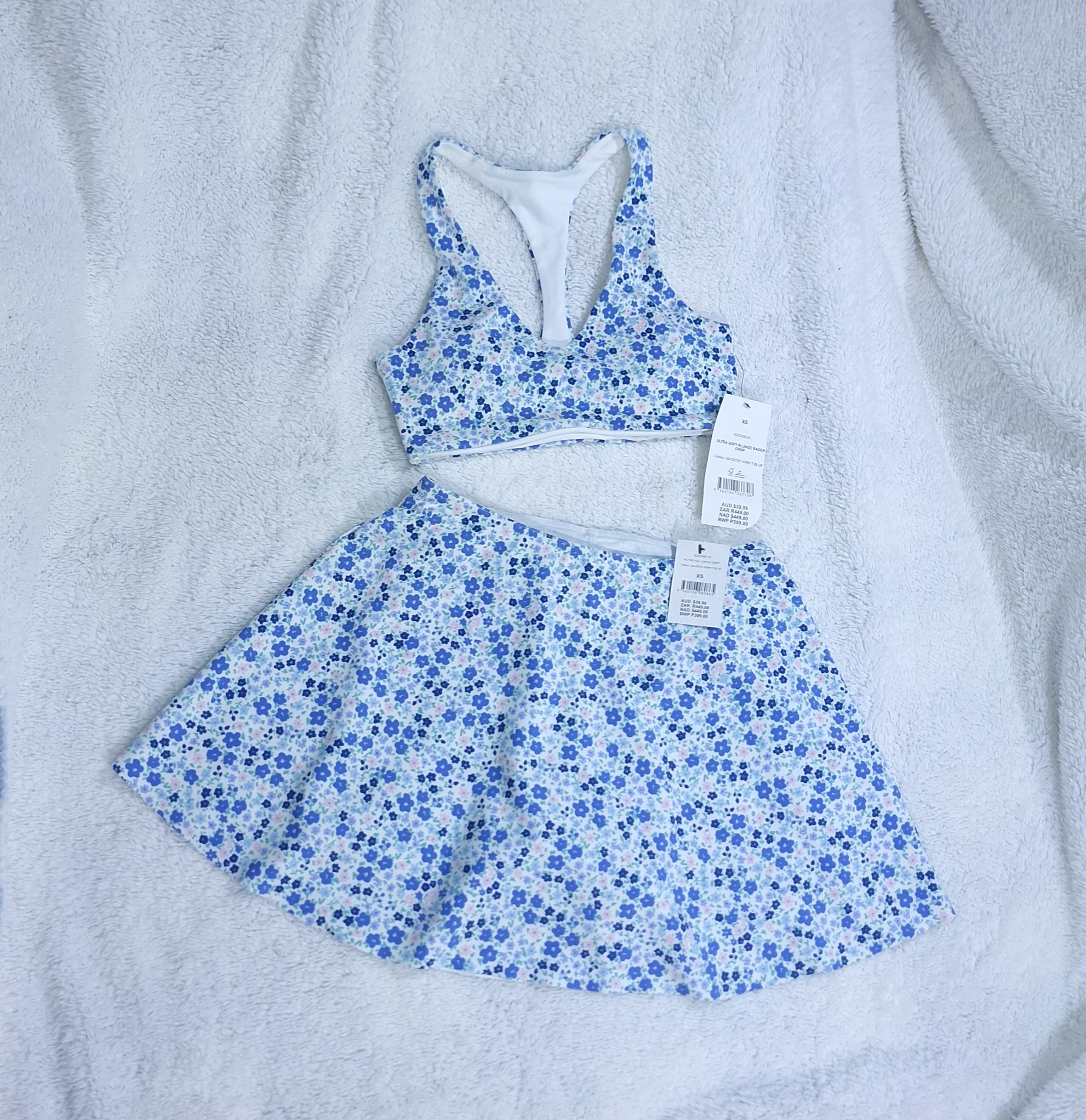 Cotton On Ultra soft Plunge Racer Crop, Active Full Circle Skirt  Colour: Gia Ditsy Adrift Blue