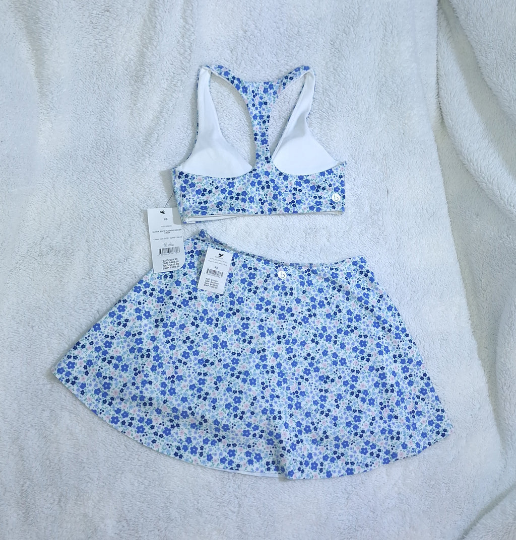 Cotton On Ultra soft Plunge Racer Crop, Active Full Circle Skirt  Colour: Gia Ditsy Adrift Blue