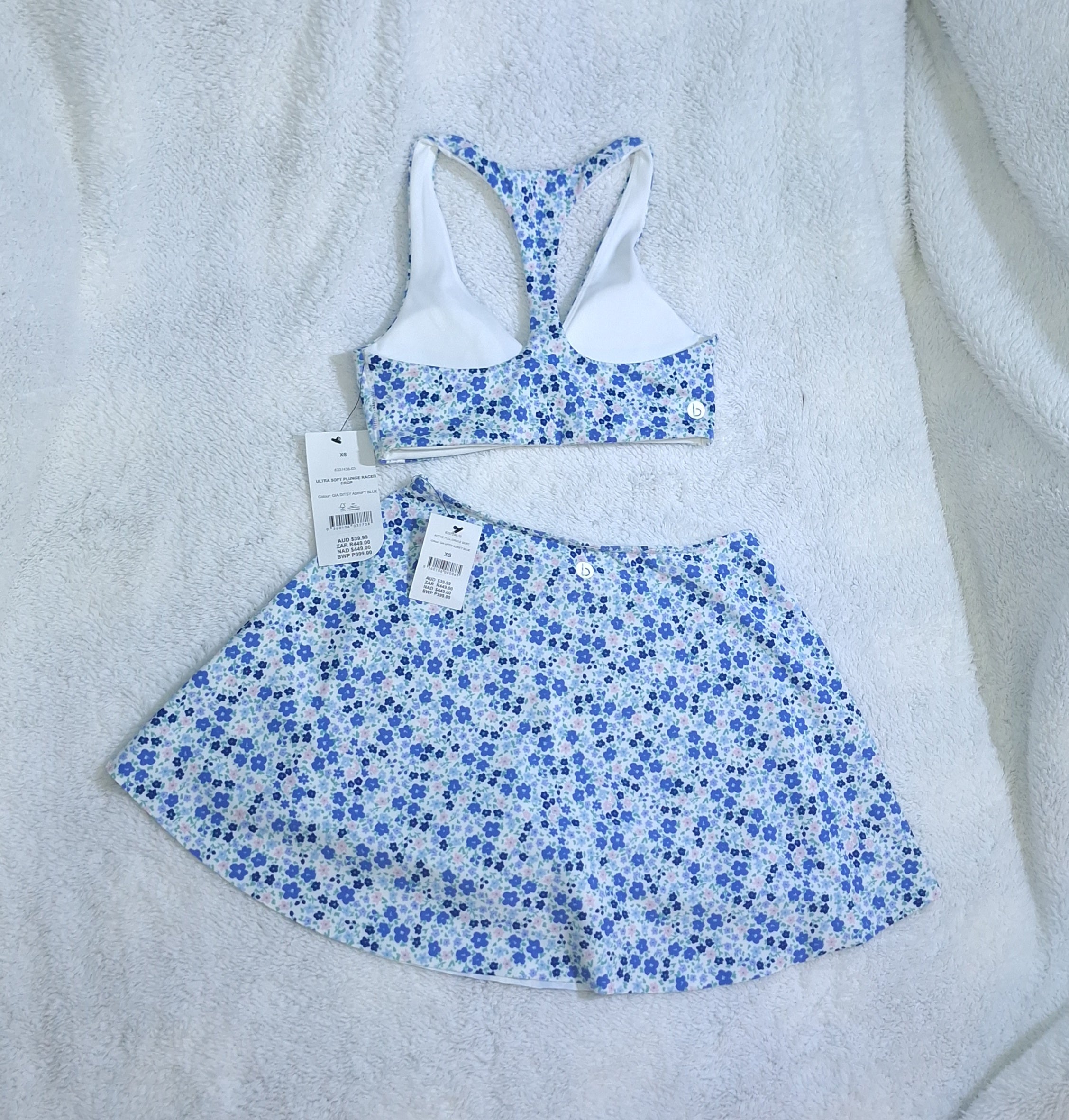 Cotton On Ultra soft Plunge Racer Crop, Active Full Circle Skirt  Colour: Gia Ditsy Adrift Blue
