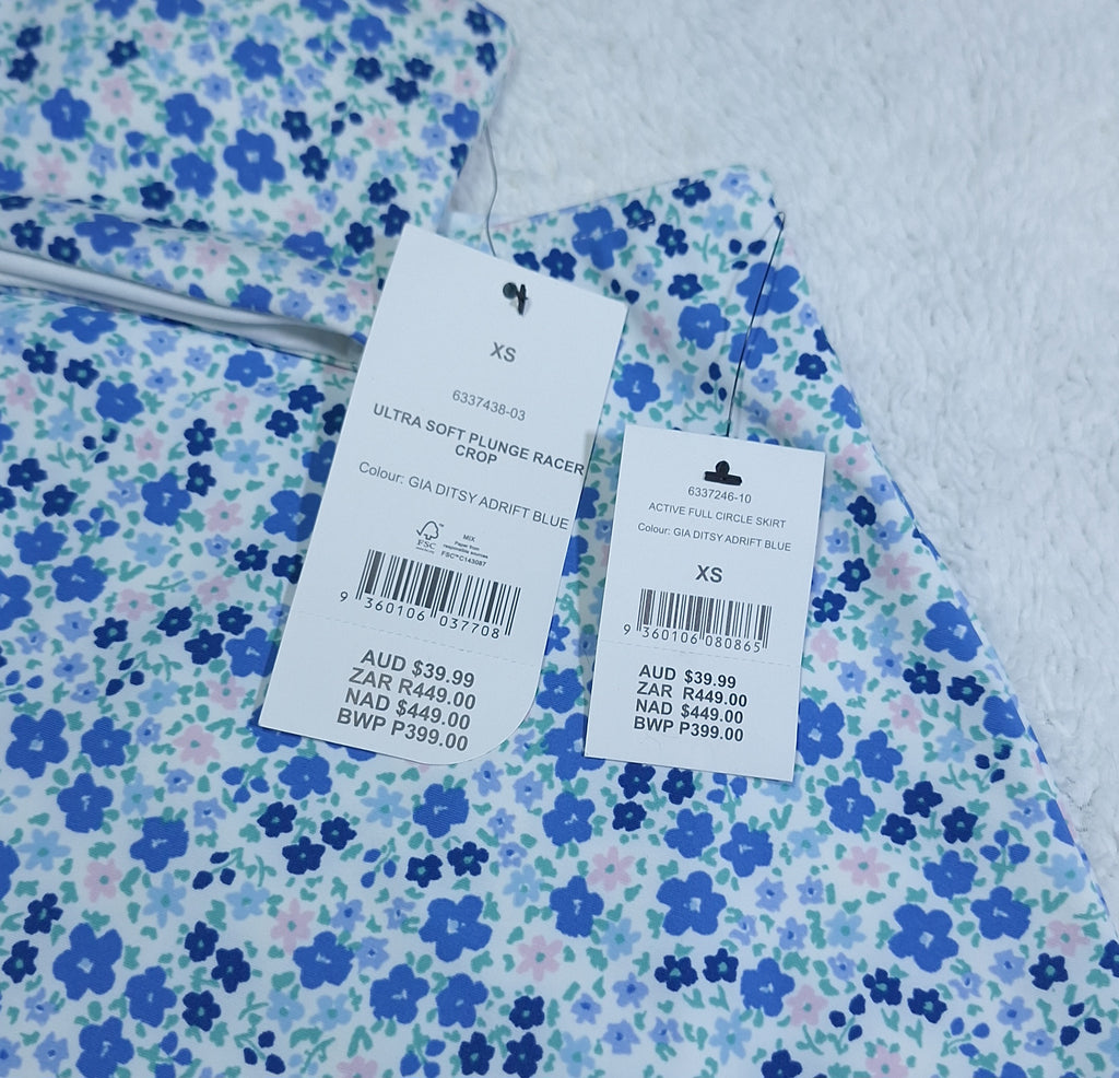 Cotton On Ultra soft Plunge Racer Crop, Active Full Circle Skirt  Colour: Gia Ditsy Adrift Blue
