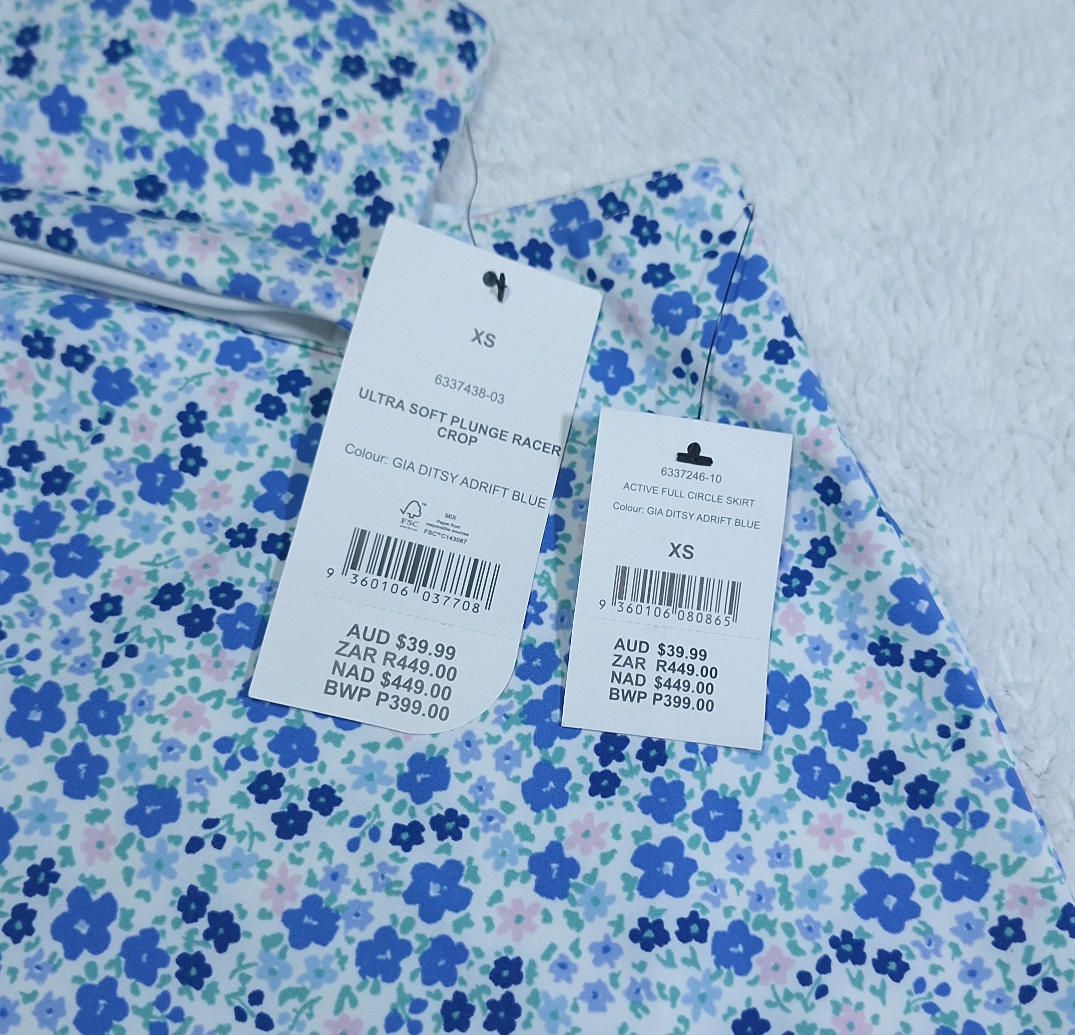 Cotton On Ultra soft Plunge Racer Crop, Active Full Circle Skirt  Colour: Gia Ditsy Adrift Blue