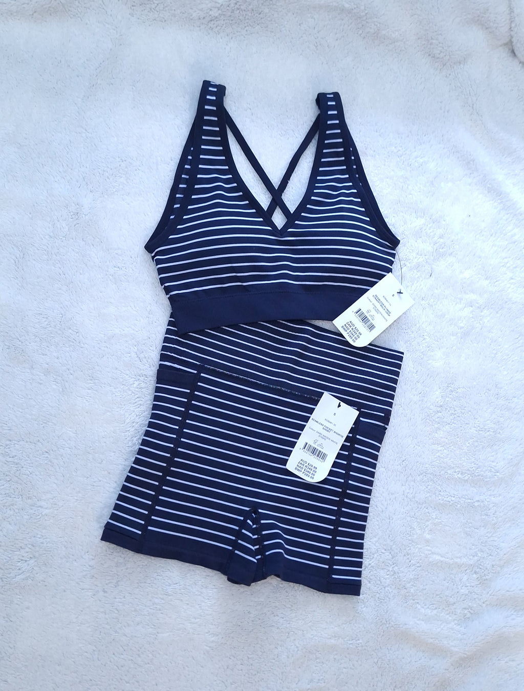 Cotton On Seamless Plunge Strappy Back Crop, Seamless Pocket Shortie Short  Colour: Dark Water/White Stripe