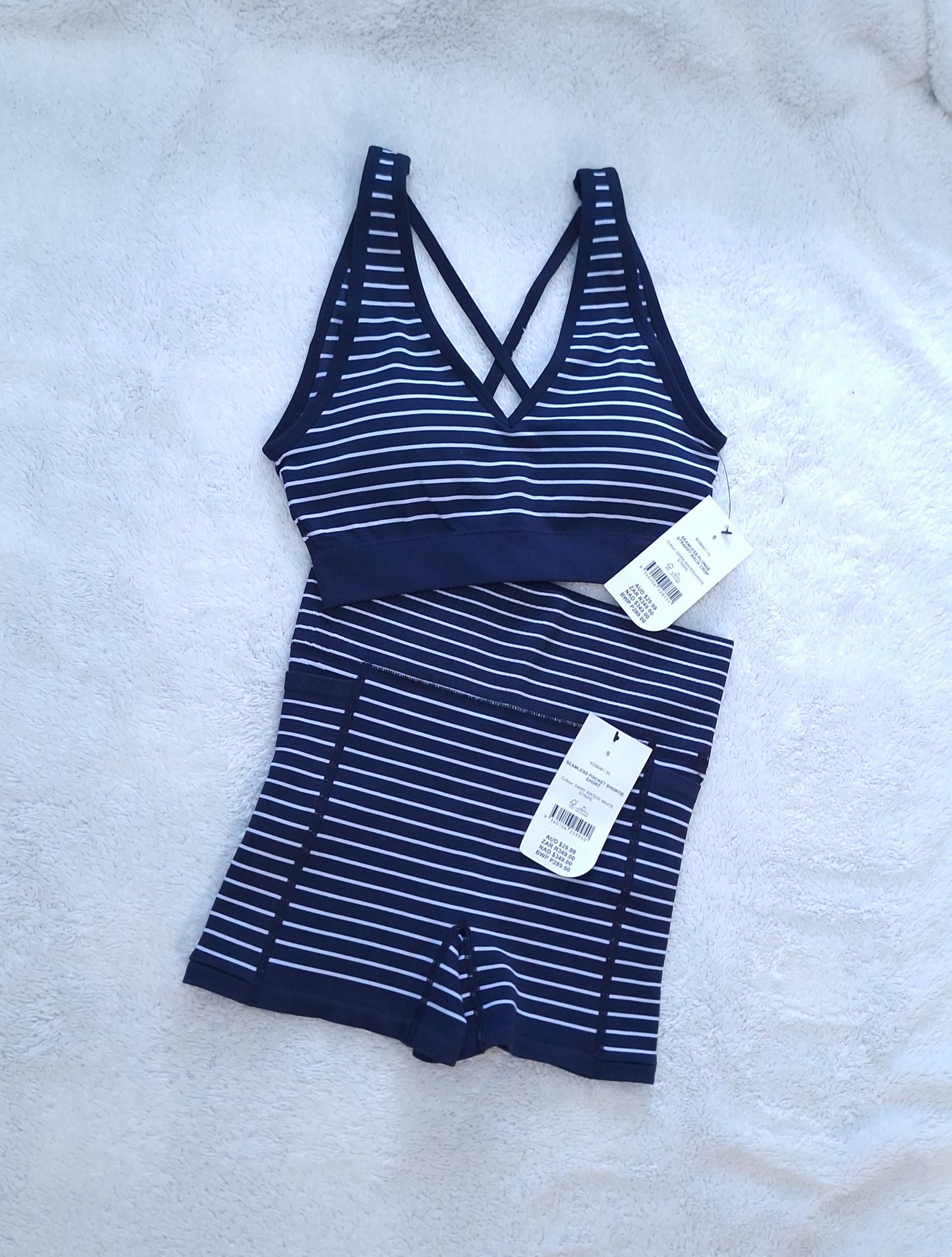 Cotton On Seamless Plunge Strappy Back Crop, Seamless Pocket Shortie Short  Colour: Dark Water/White Stripe