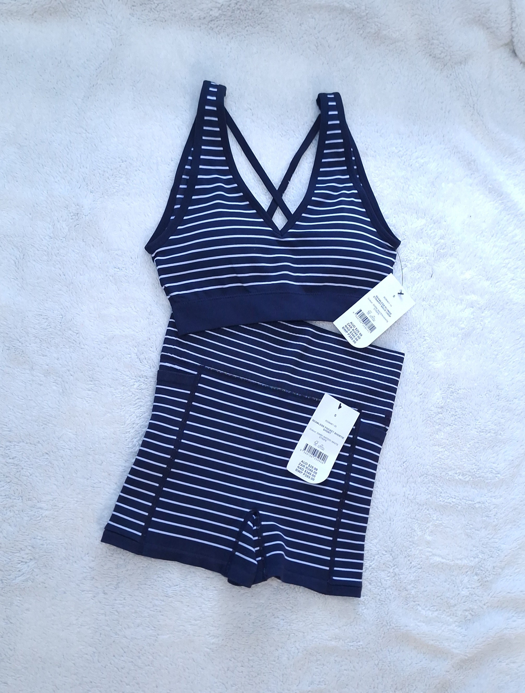 Cotton On Seamless Plunge Strappy Back Crop, Seamless Pocket Shortie Short  Colour: Dark Water/White Stripe