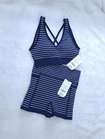 Cotton On Seamless Plunge Strappy Back Crop, Seamless Pocket Shortie Short  Colour: Dark Water/White Stripe
