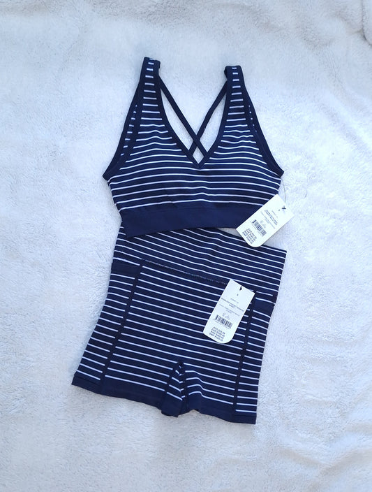 Cotton On Seamless Plunge Strappy Back Crop, Seamless Pocket Shortie Short  Colour: Dark Water/White Stripe