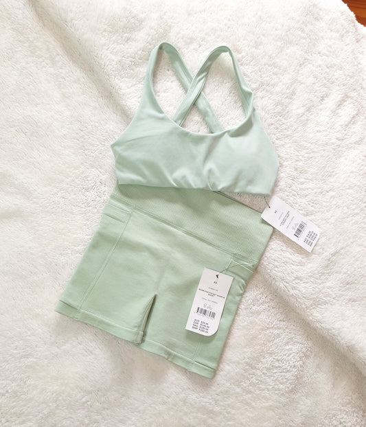 Cotton On Ultra Soft Plunge Strappy Crop, Seamless Pocket Shortie Short Colour: Silt Green