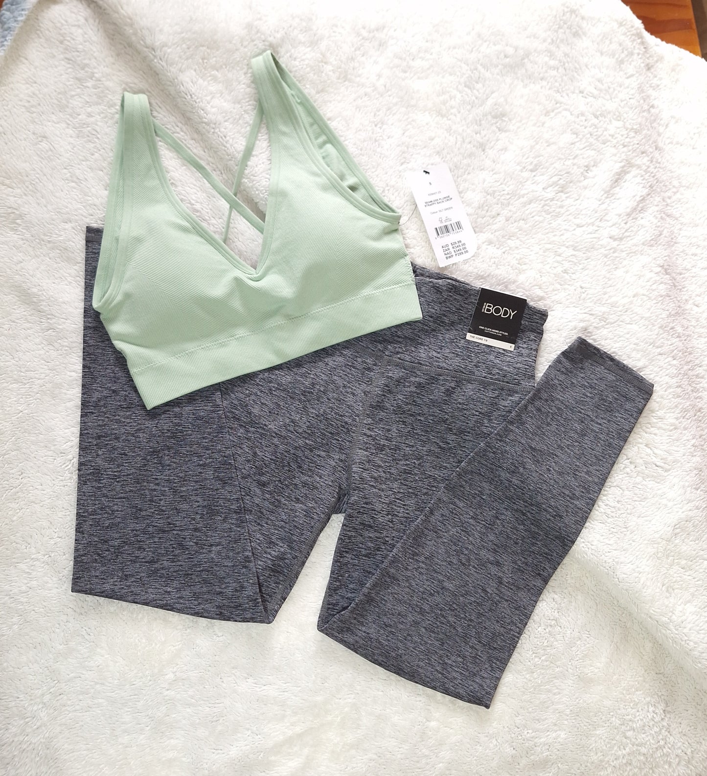 Cotton On Seamless Plunge Strappy Back Crop Colour: Silt Green, Active Core 7/8 Tight  Colour: Salt Pepper