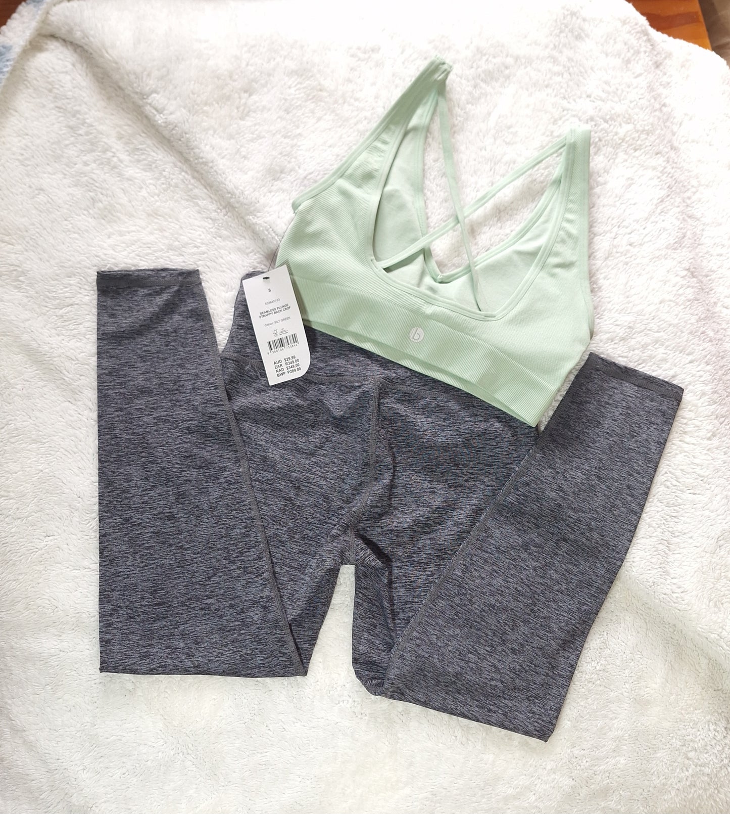 Cotton On Seamless Plunge Strappy Back Crop Colour: Silt Green, Active Core 7/8 Tight  Colour: Salt Pepper