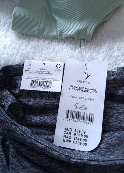Cotton On Seamless Plunge Strappy Back Crop Colour: Silt Green, Active Core 7/8 Tight  Colour: Salt Pepper