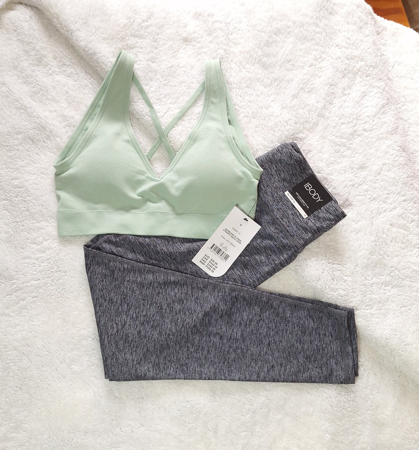 Cotton On Seamless Plunge Strappy Back Crop Colour: Silt Green, Active Core 7/8 Tight  Colour: Salt Pepper