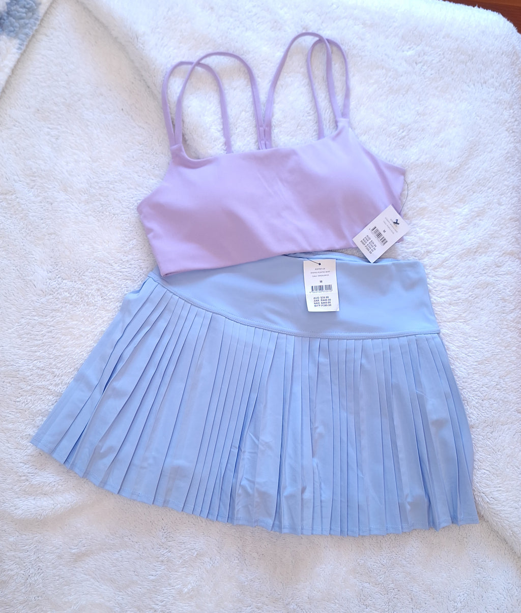 Cotton On Ultra Soft Plunge Strappy Crop Colour: White, Shaped Pleated Skirt Colour: WindSurfer