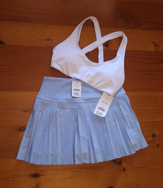 Cotton On Ultra Soft Plunge Strappy Crop Colour: White, Shaped Pleated Skirt Colour: WindSurfer