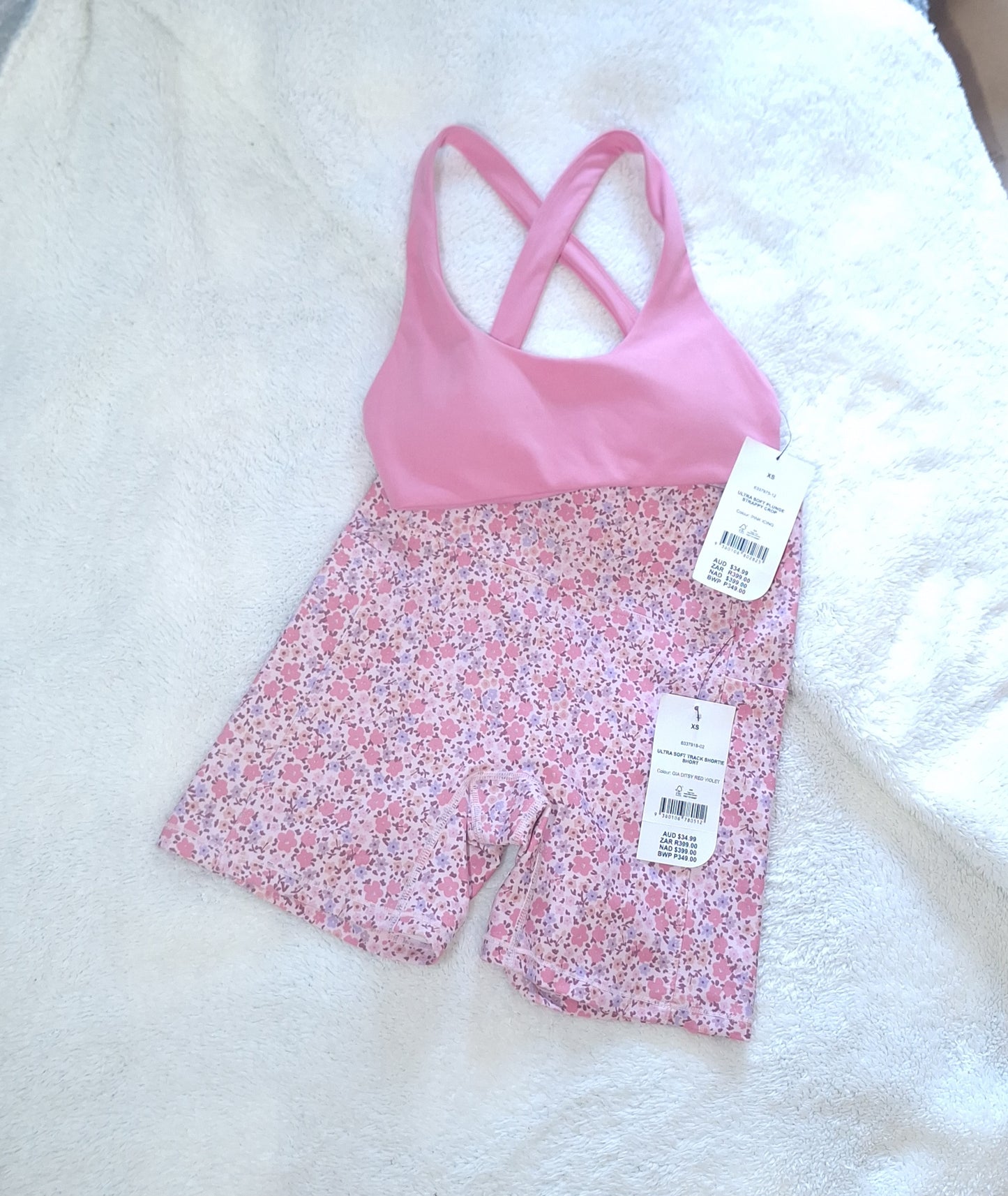 Cotton On Ultra Soft Plunge Strappy Crop Colour: Pink Icing, Ultra Soft Track Shortie Short Colour: Gia Ditsy Red Violet