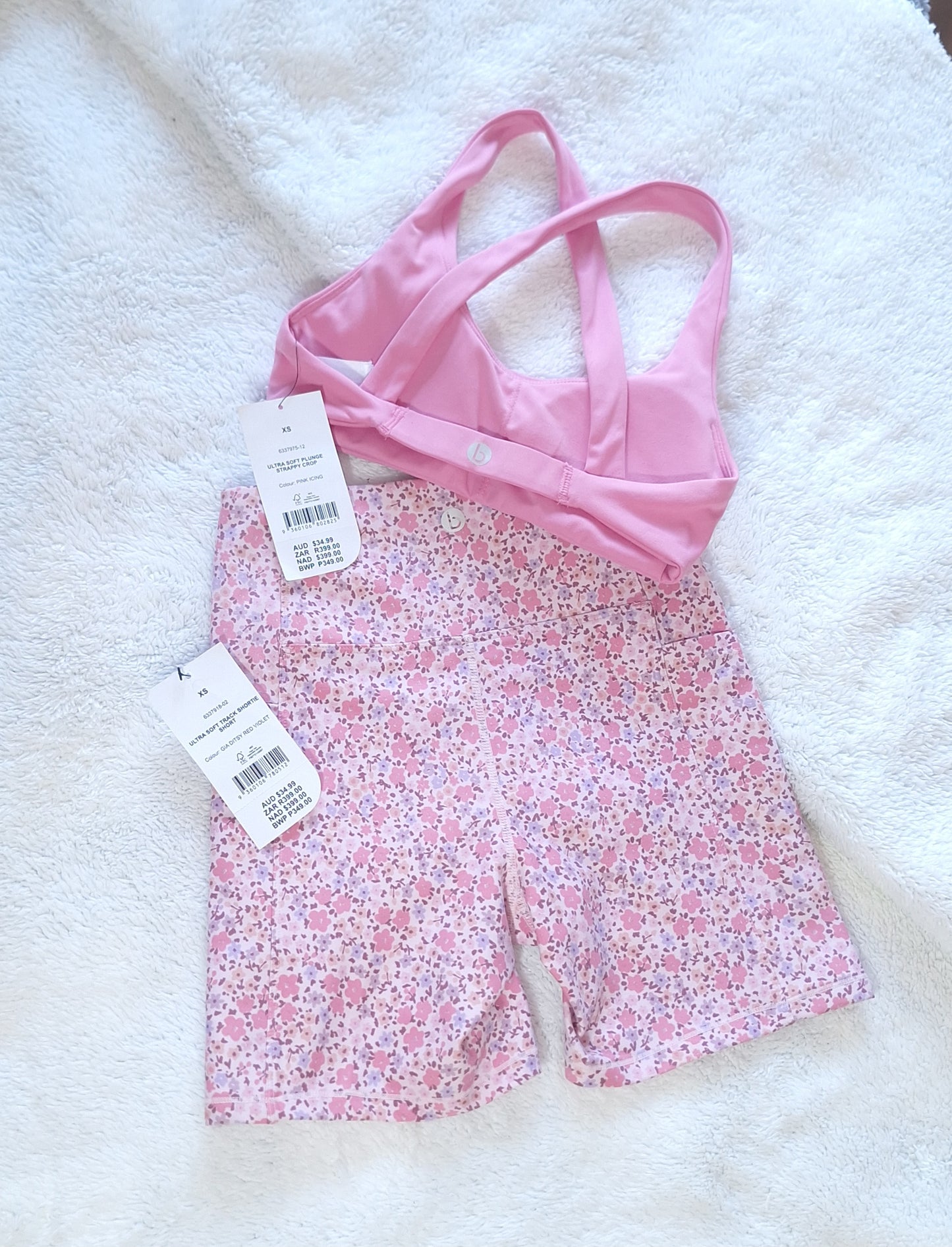 Cotton On Ultra Soft Plunge Strappy Crop Colour: Pink Icing, Ultra Soft Track Shortie Short Colour: Gia Ditsy Red Violet