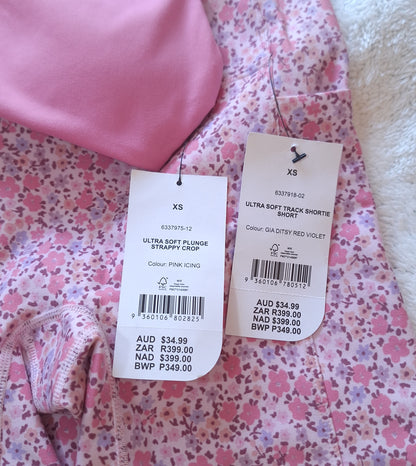Cotton On Ultra Soft Plunge Strappy Crop Colour: Pink Icing, Ultra Soft Track Shortie Short Colour: Gia Ditsy Red Violet