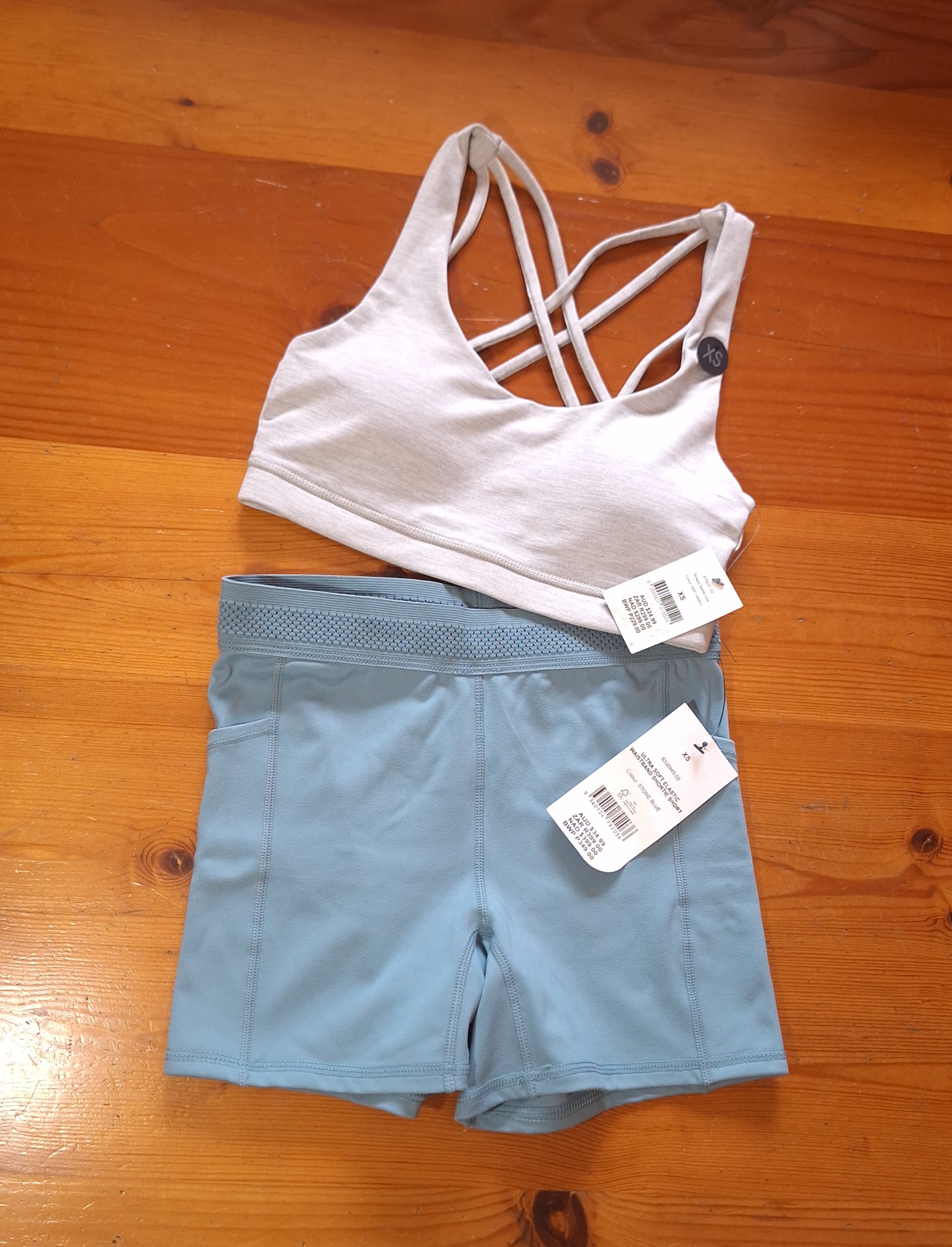 Cotton On Strappy Sports Crop  Colour: Grey Marle, Ultra Soft elastic Waistband Shortie Short Colour: Stone Blue