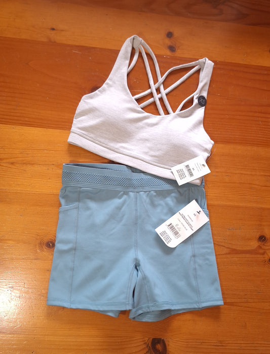 Cotton On Strappy Sports Crop  Colour: Grey Marle, Ultra Soft elastic Waistband Shortie Short Colour: Stone Blue