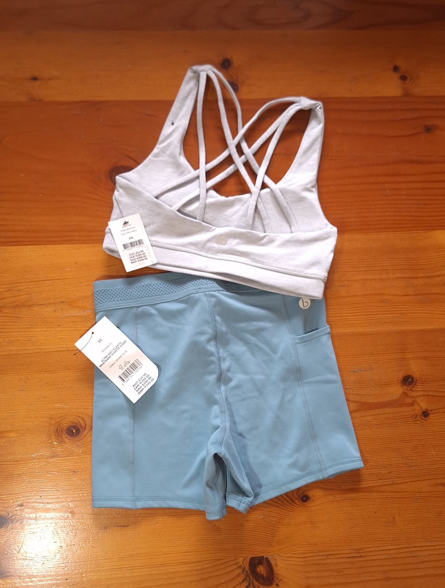 Cotton On Strappy Sports Crop  Colour: Grey Marle, Ultra Soft elastic Waistband Shortie Short Colour: Stone Blue