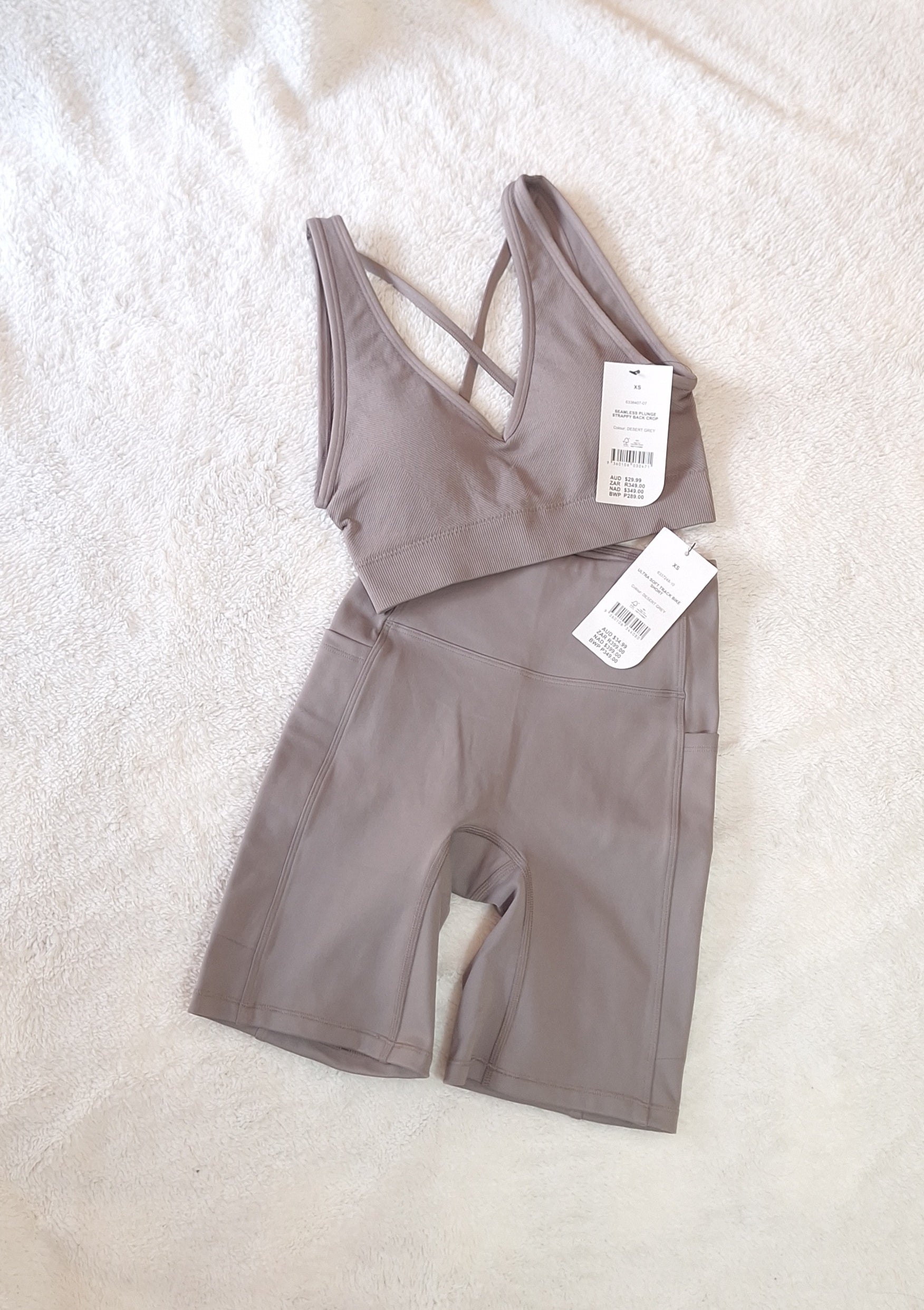 Cotton On Desert Grey Gym Set : Seamless Plunge Strappy Back Crop ,Ultra Soft Track Bike Short