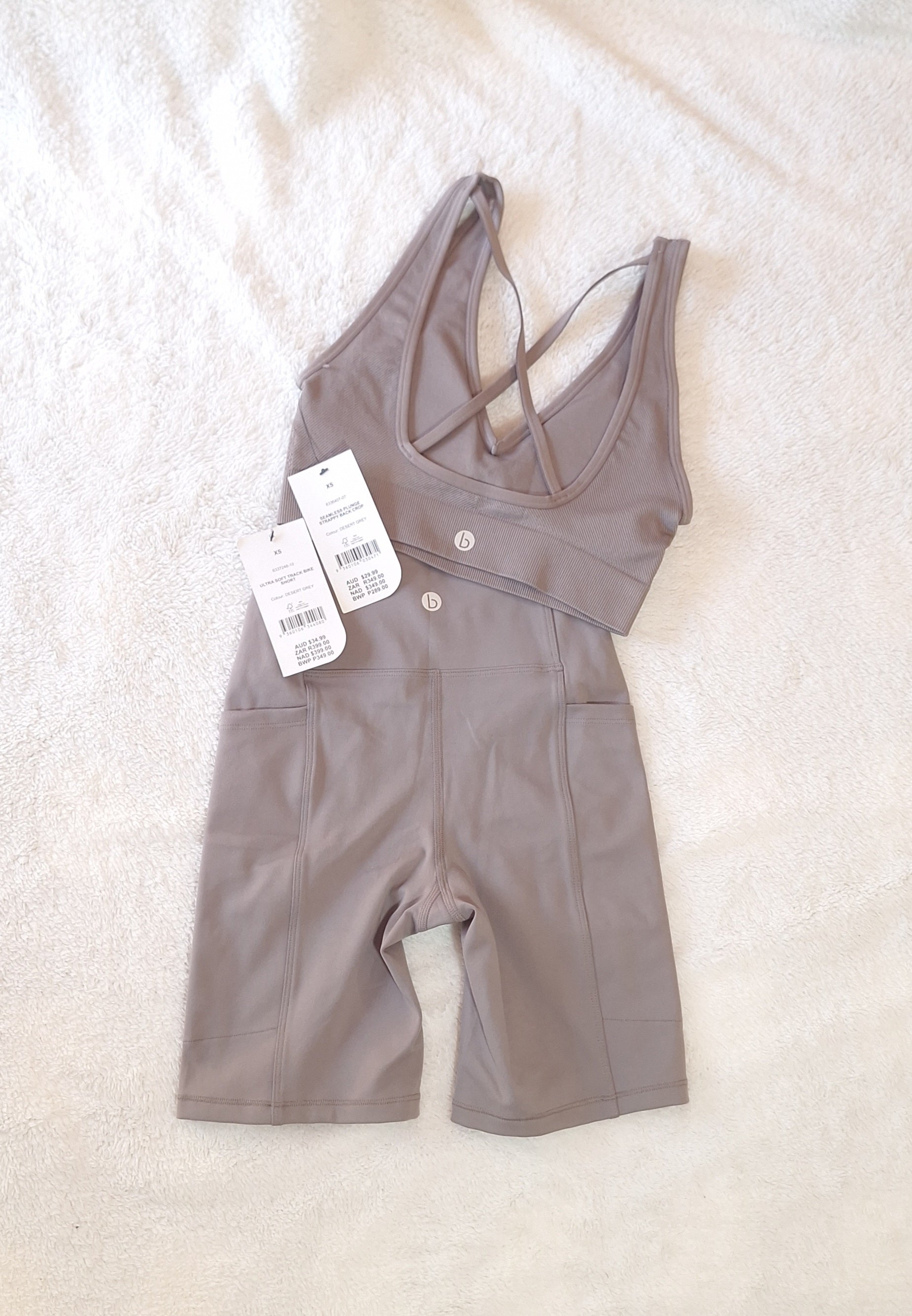 Cotton On Desert Grey Gym Set : Seamless Plunge Strappy Back Crop ,Ultra Soft Track Bike Short