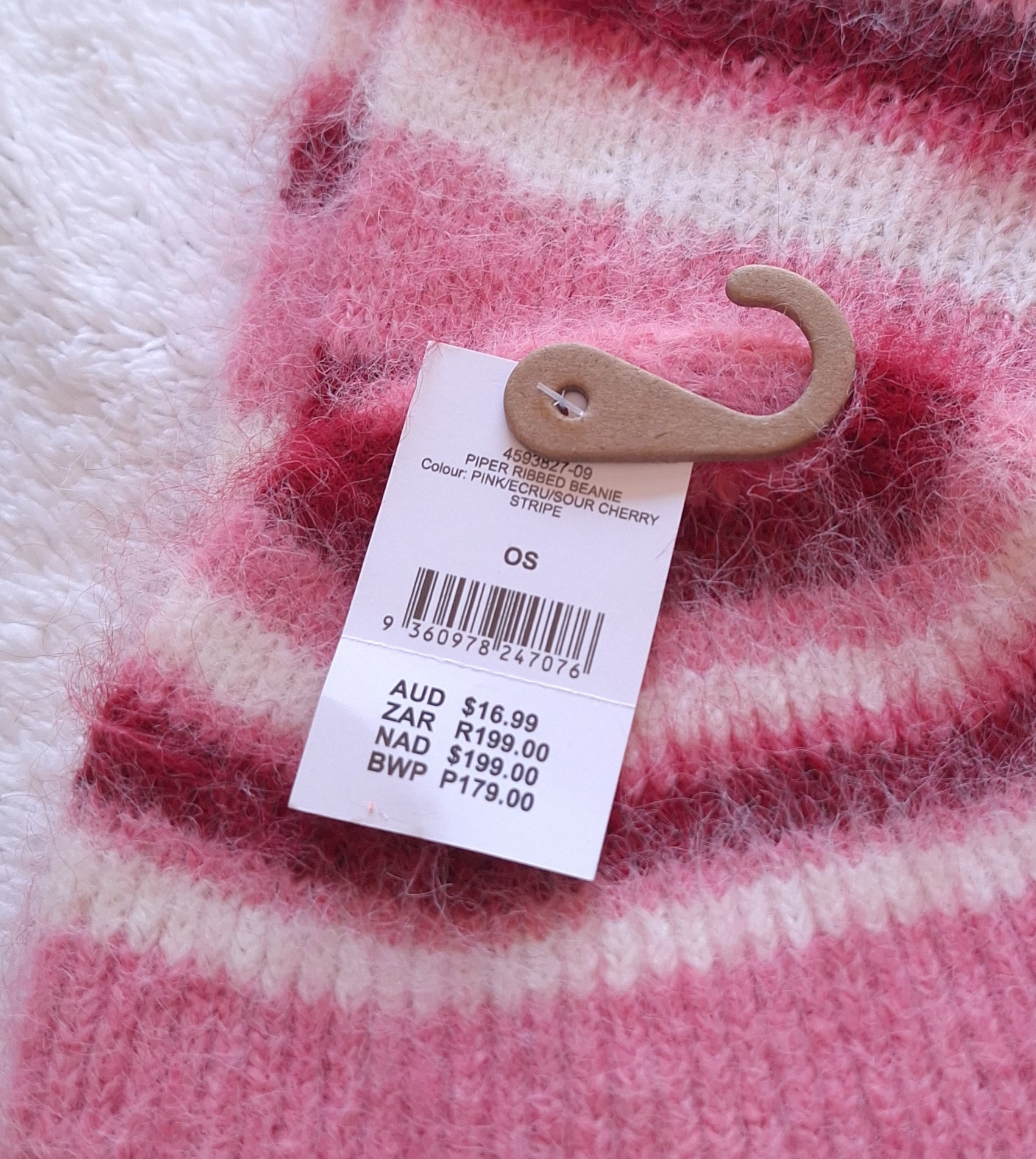 Cotton On Beckley House Piper Ribbed Beanie and Piper Knit Scarf Combo :Pink / Ecru / Sour Cherry Stripe