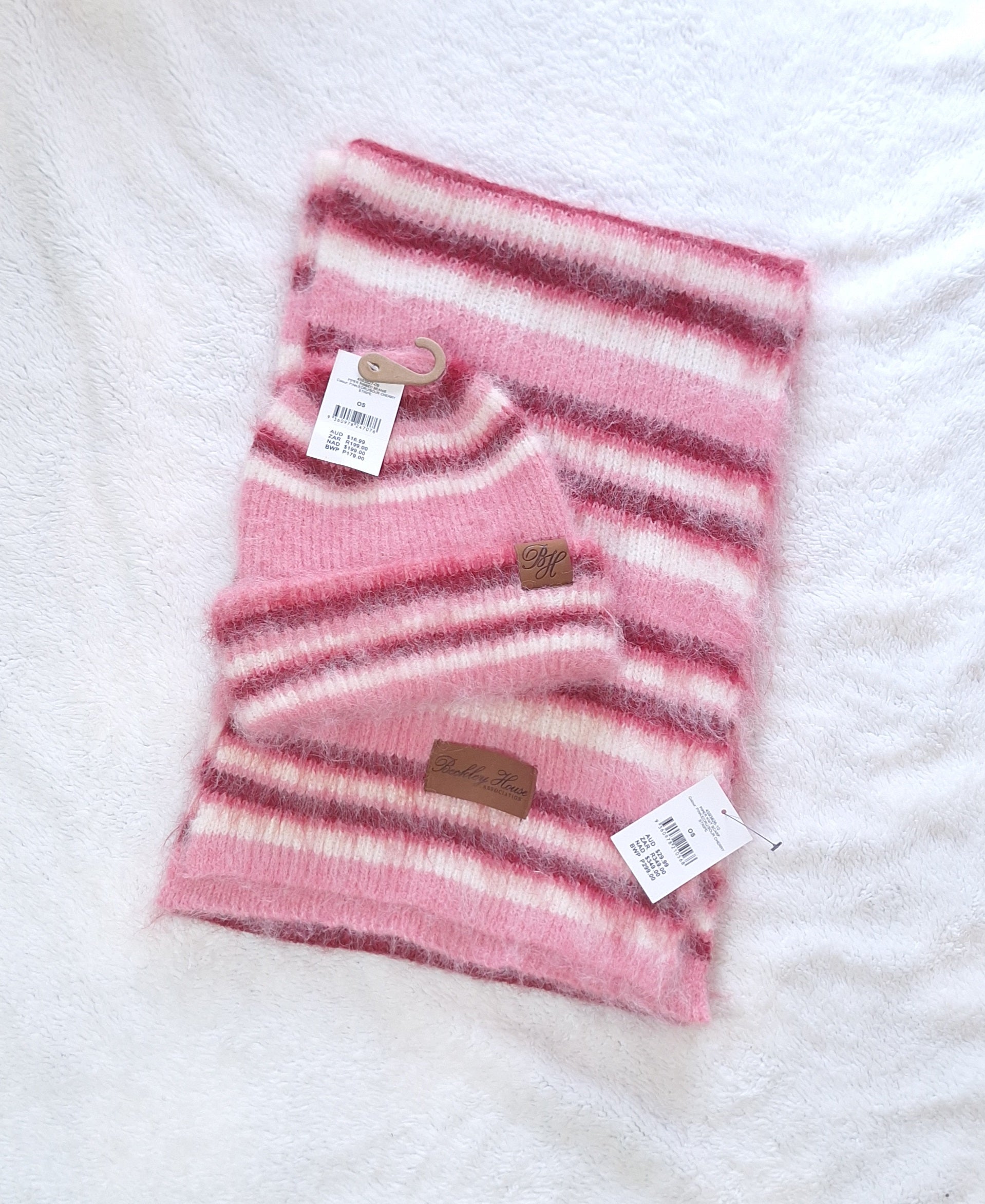 Cotton On Beckley House Piper Ribbed Beanie and Piper Knit Scarf Combo :Pink / Ecru / Sour Cherry Stripe