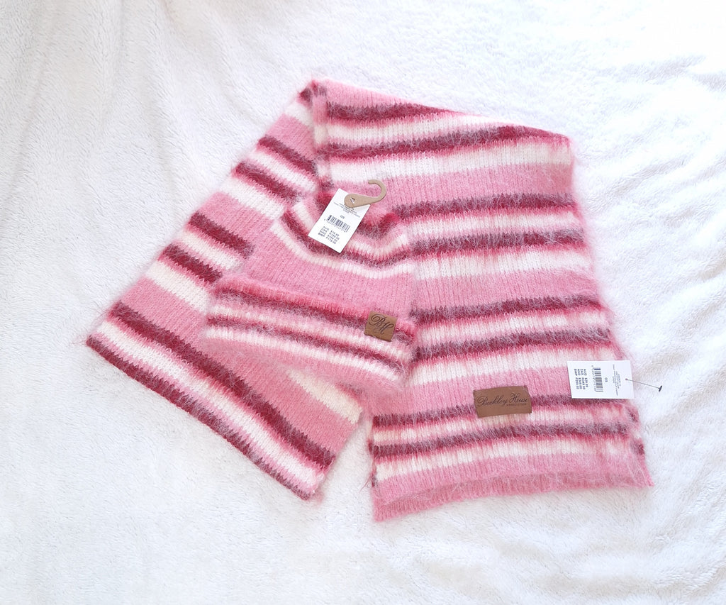 Cotton On Beckley House Piper Ribbed Beanie and Piper Knit Scarf Combo :Pink / Ecru / Sour Cherry Stripe