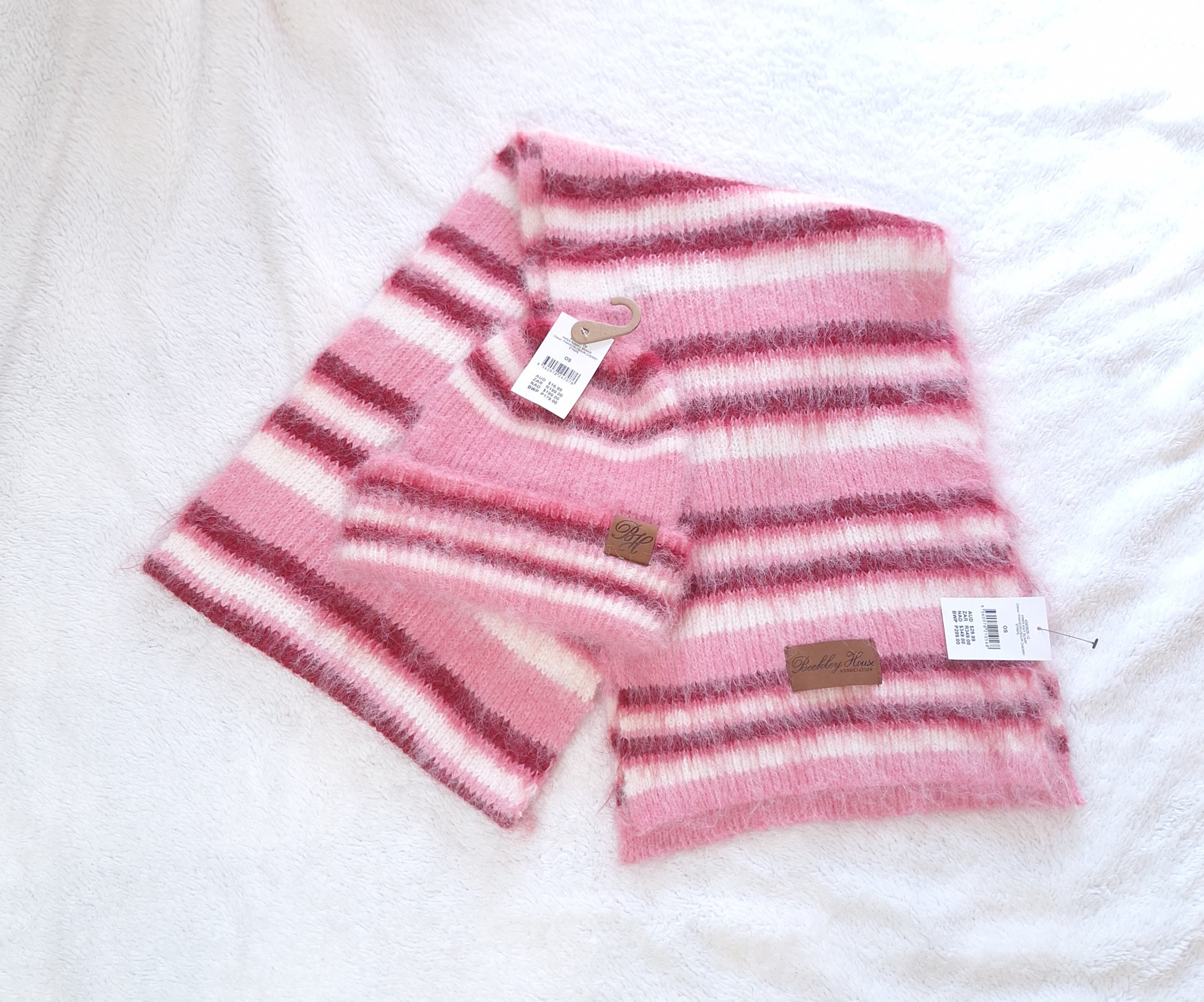 Cotton On Beckley House Piper Ribbed Beanie and Piper Knit Scarf Combo :Pink / Ecru / Sour Cherry Stripe