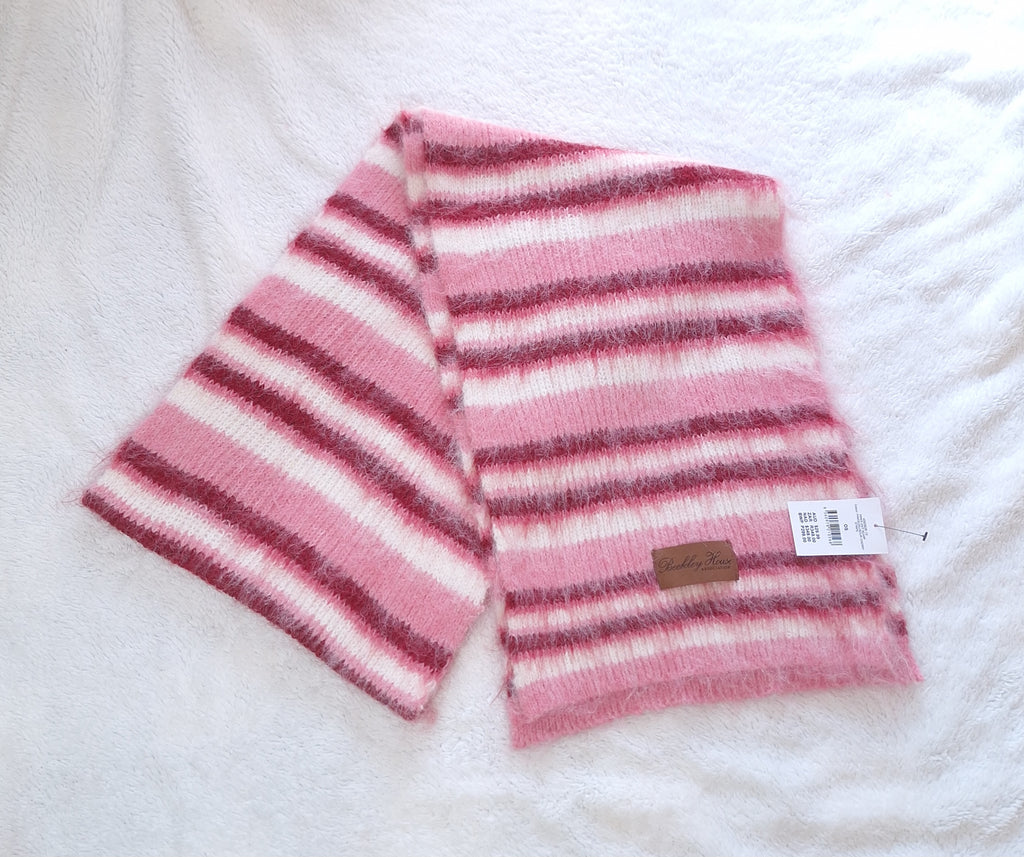 Cotton On Beckley House Piper Ribbed Beanie and Piper Knit Scarf Combo :Pink / Ecru / Sour Cherry Stripe