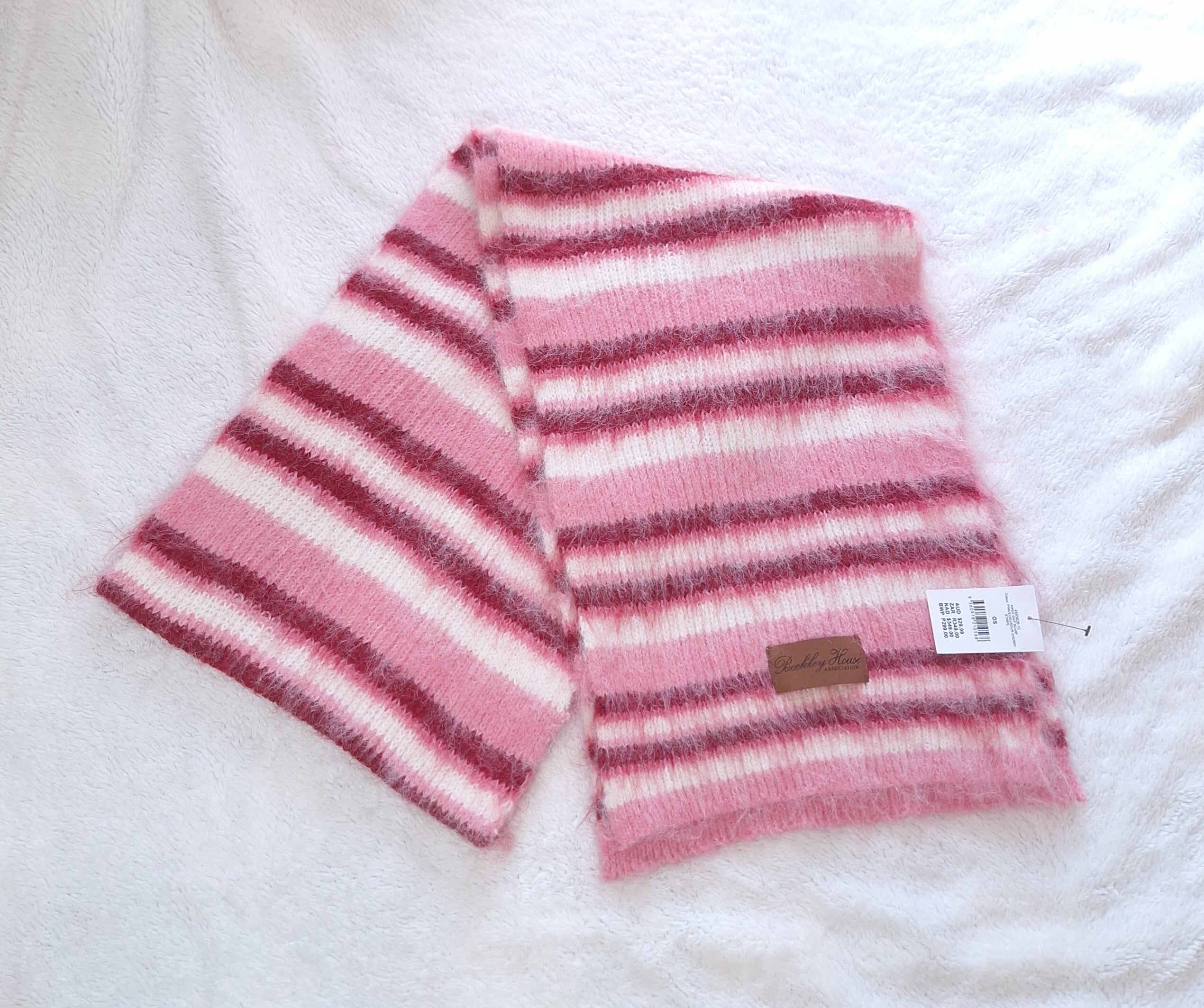 Cotton On Beckley House Piper Ribbed Beanie and Piper Knit Scarf Combo :Pink / Ecru / Sour Cherry Stripe