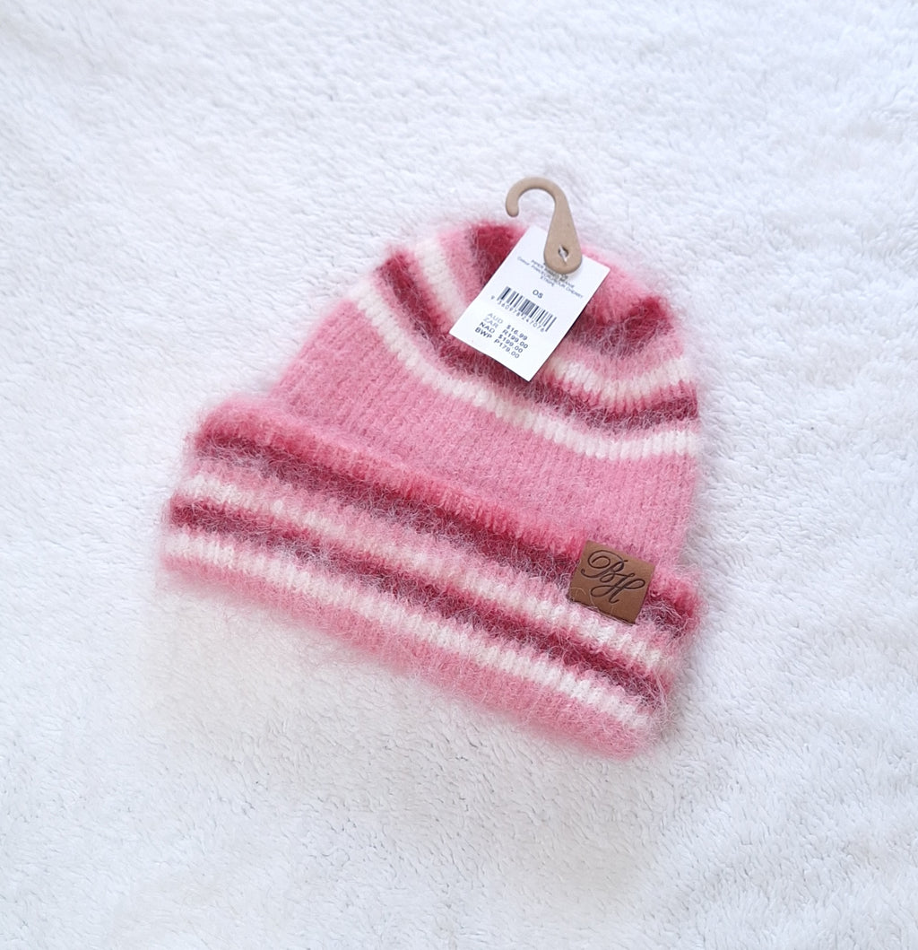 Cotton On Beckley House Piper Ribbed Beanie and Piper Knit Scarf Combo :Pink / Ecru / Sour Cherry Stripe