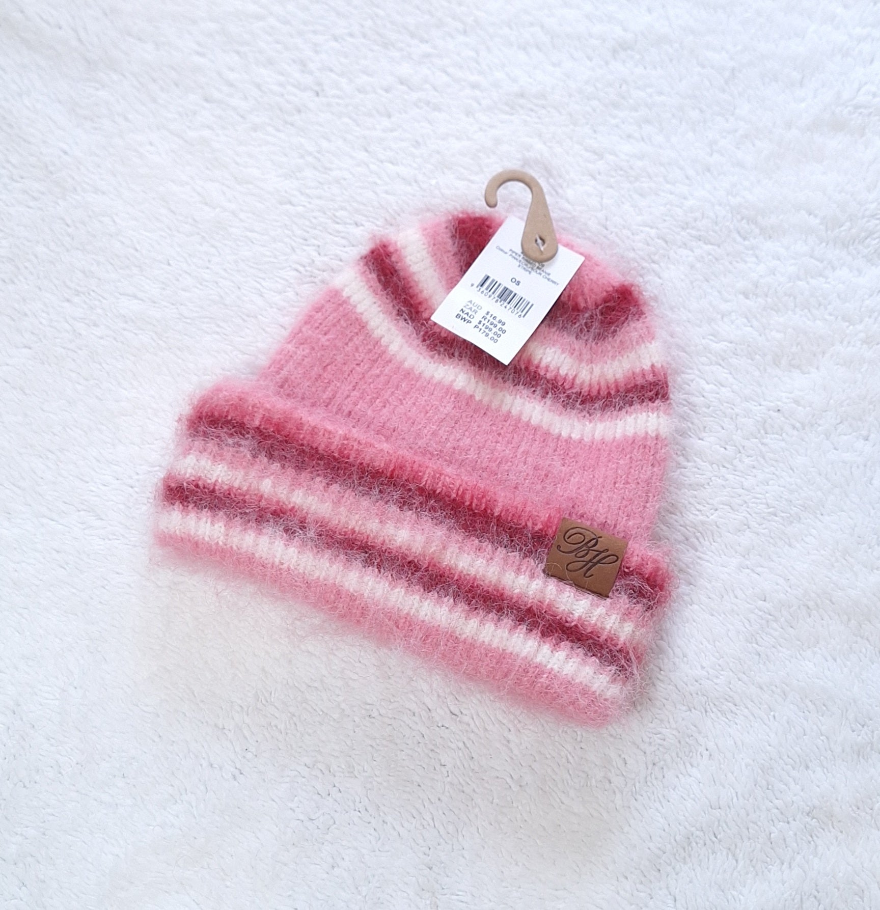 Cotton On Beckley House Piper Ribbed Beanie and Piper Knit Scarf Combo :Pink / Ecru / Sour Cherry Stripe