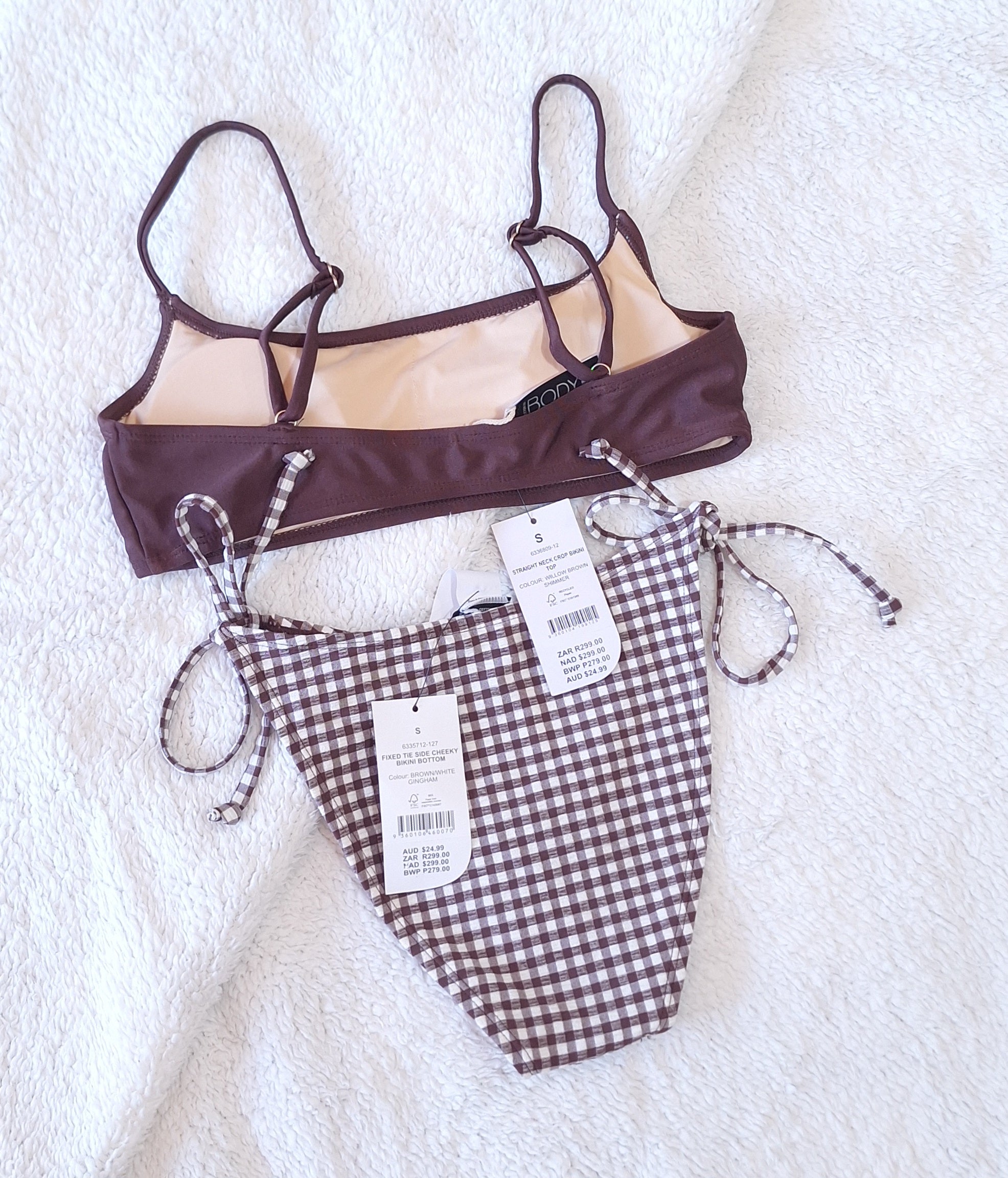 Cotton On Straight Neck Crop Bikini Top, Fixed Tie Side Cheeky Bikini Bottom