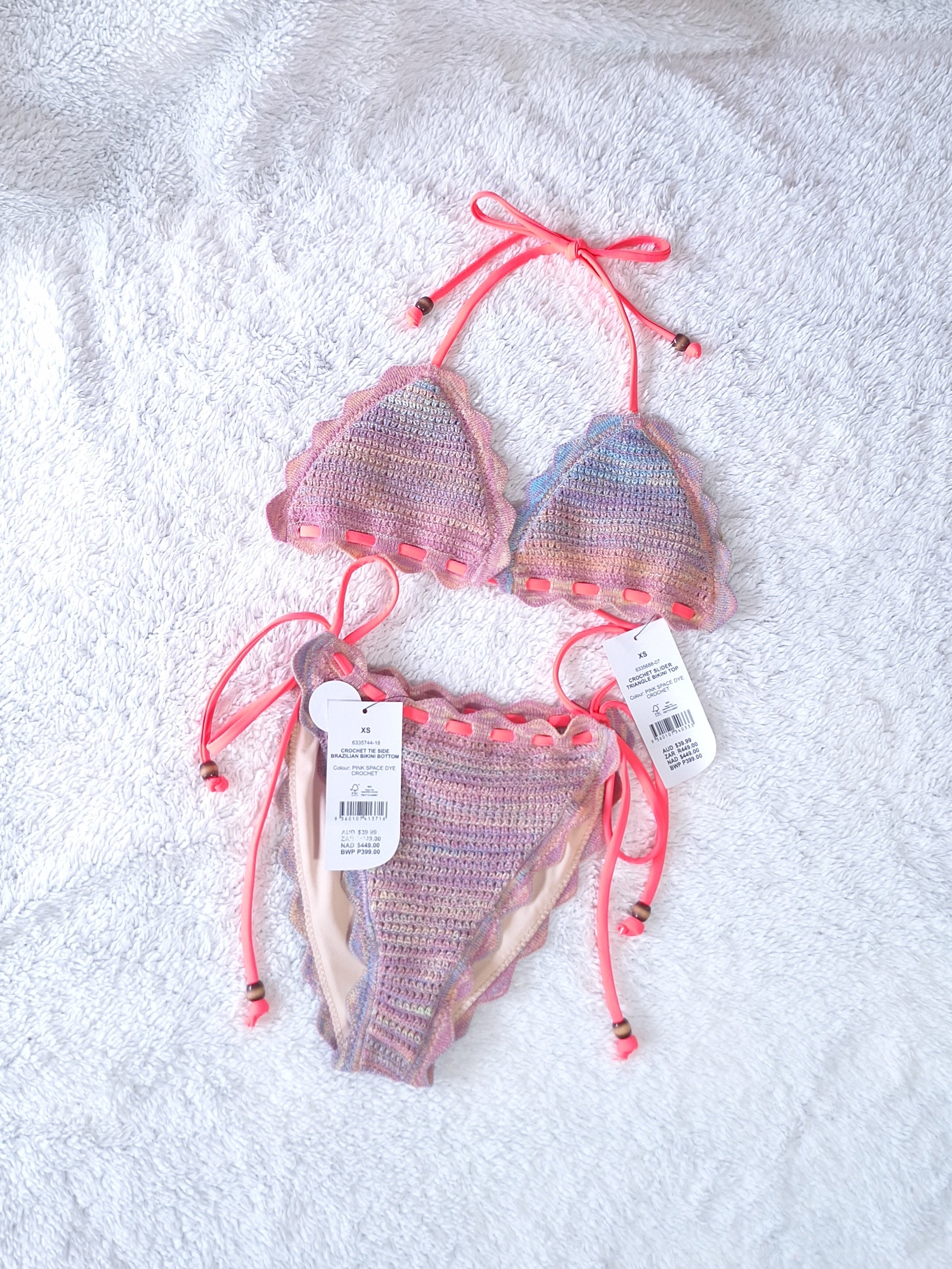 Cotton On Bikini Set. Crochet Slider Triangle Bikini Top and Tie Side Brazilian Bikini Bottom