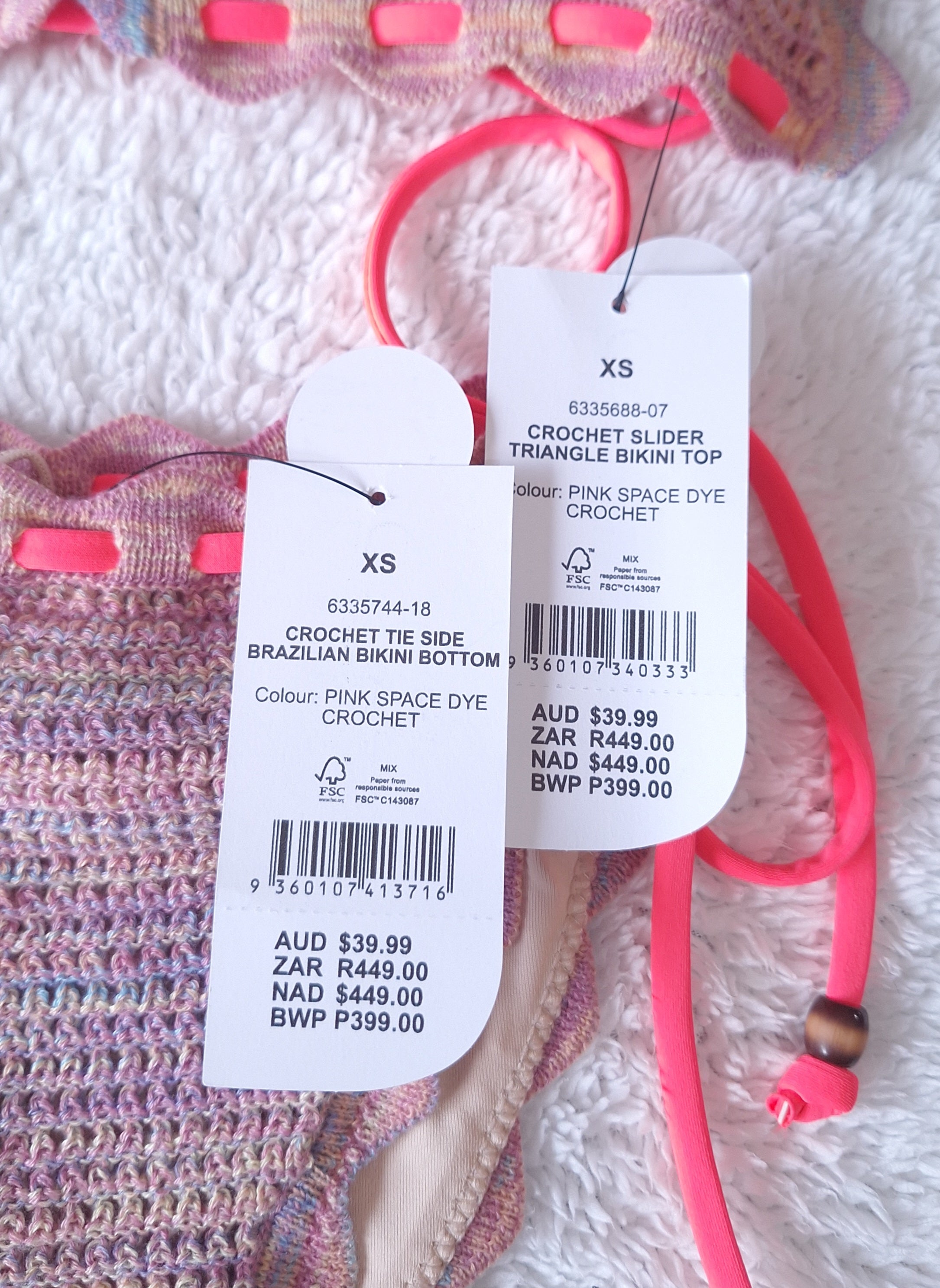 Cotton On Bikini Set. Crochet Slider Triangle Bikini Top and Tie Side Brazilian Bikini Bottom