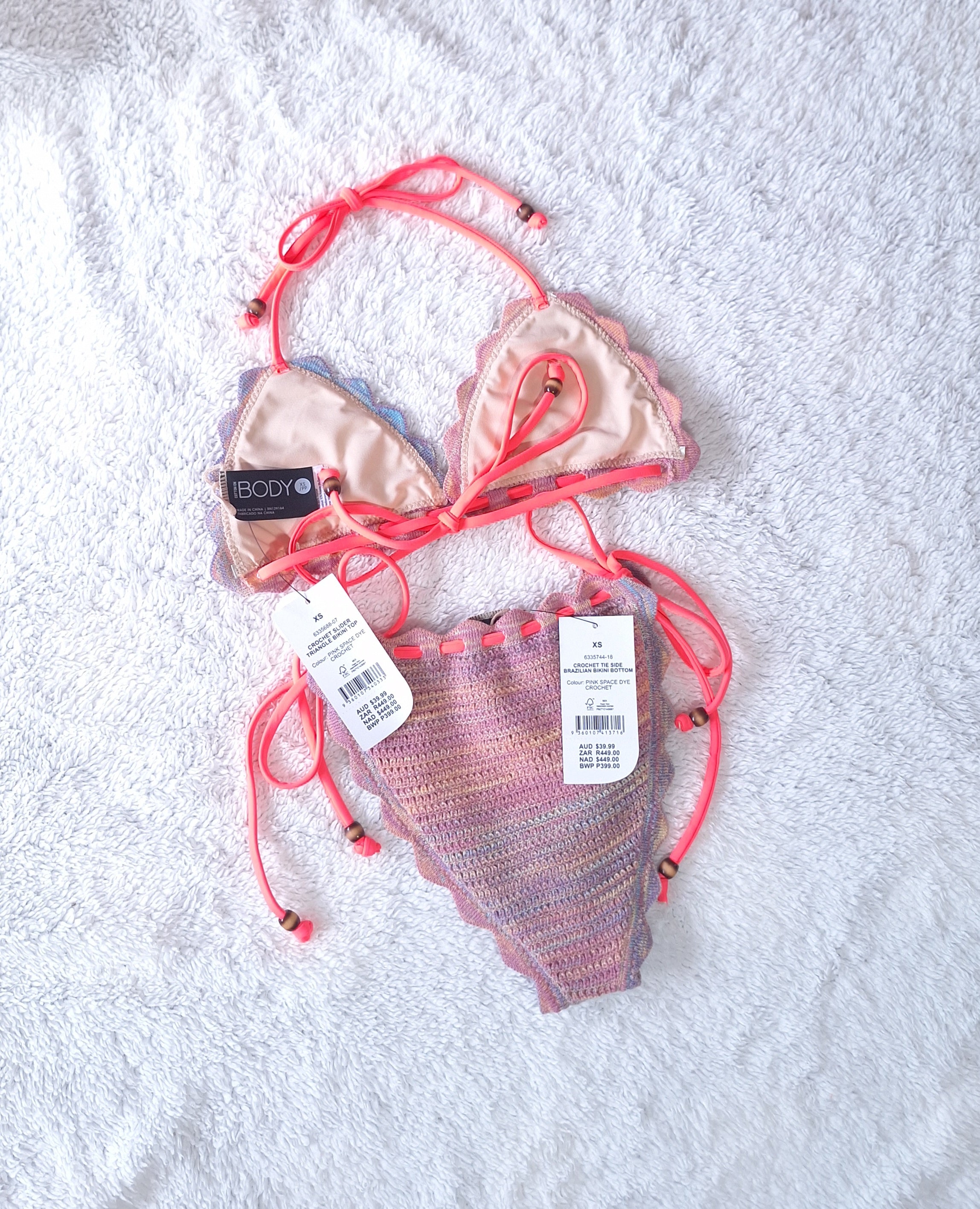 Cotton On Bikini Set. Crochet Slider Triangle Bikini Top and Tie Side Brazilian Bikini Bottom
