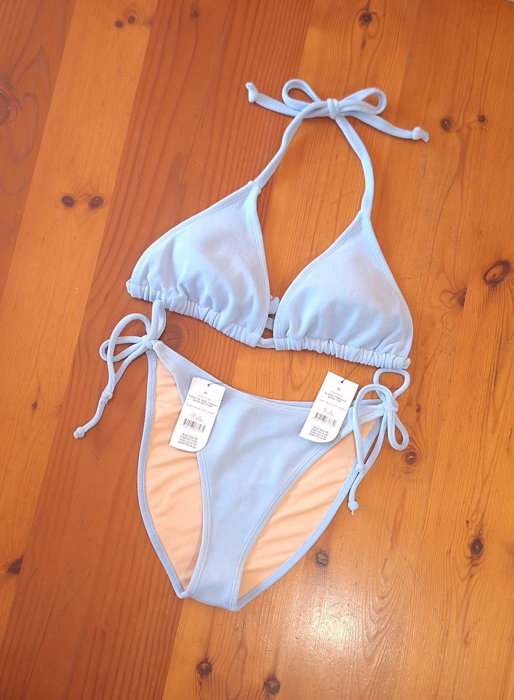 Cotton On Slider Triangle Bikini Top and Fixed Tie Side Cheeky Bikini Bottom in Blue Sky Terry