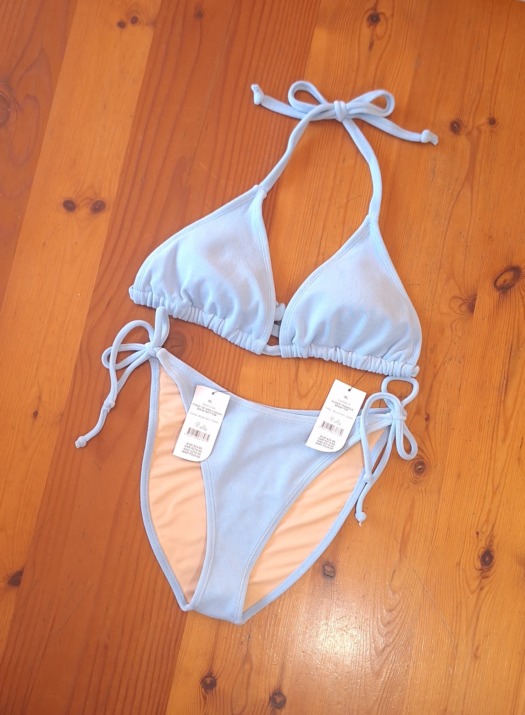 Cotton On Slider Triangle Bikini Top and Fixed Tie Side Cheeky Bikini Bottom in Blue Sky Terry