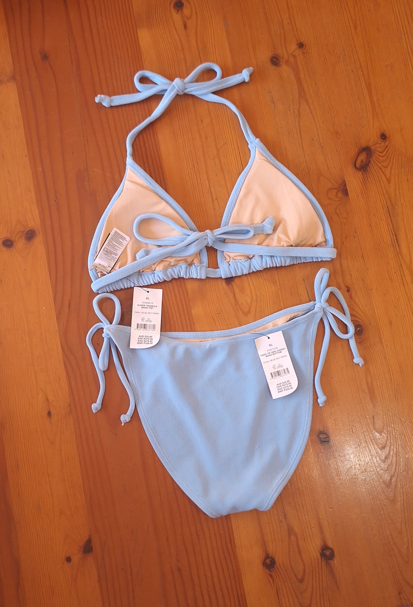 Cotton On Slider Triangle Bikini Top and Fixed Tie Side Cheeky Bikini Bottom in Blue Sky Terry
