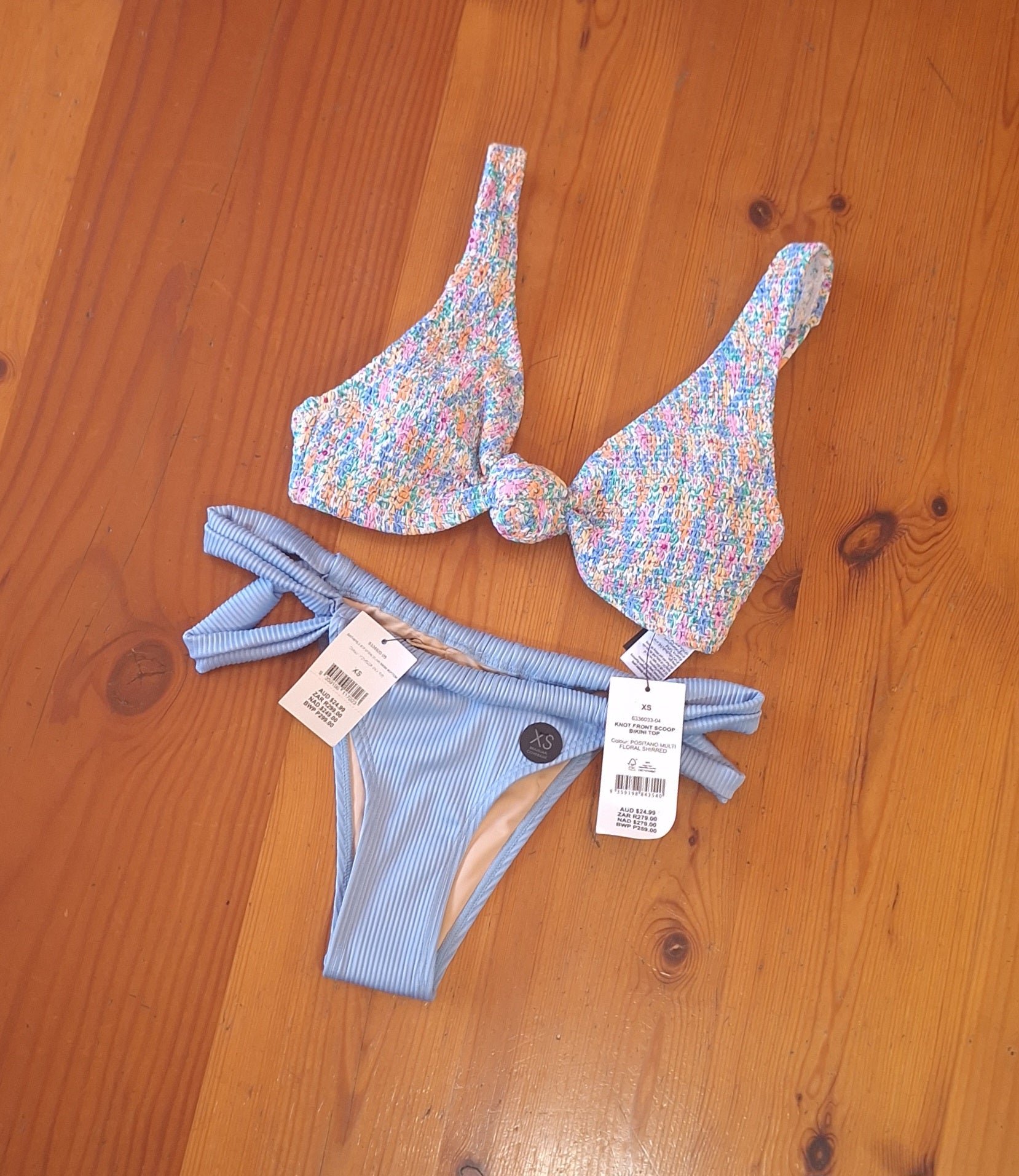 Cotton On Bikini Set Knot Front Scoop Top Positano Multi Floral Shirred and Gathered Strap Brazilian Bottom Powder Sky Rib